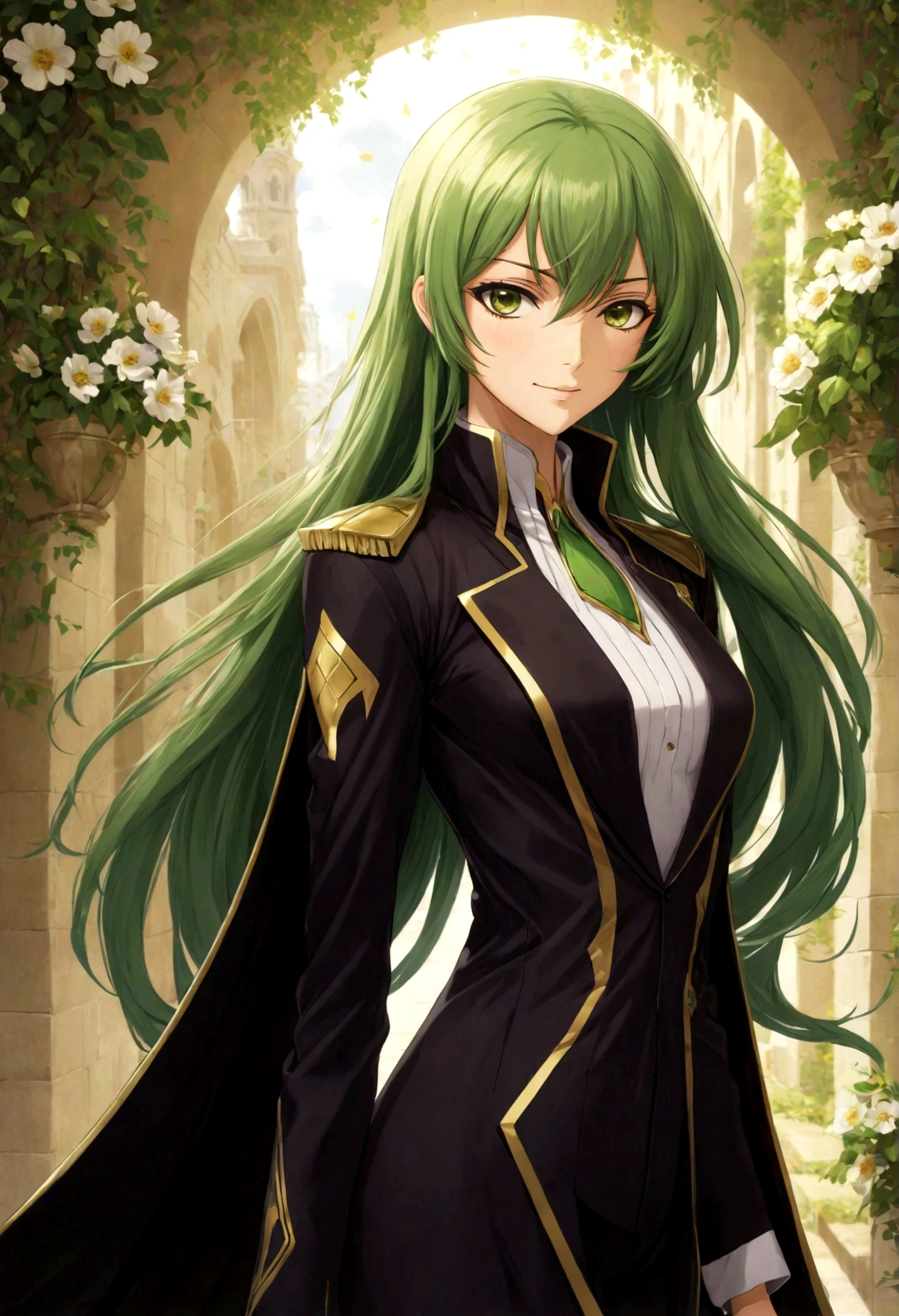 1girl, Code Geass, C.C., "CODE GEASS Lelouch of the Rebellion", solo, (green hair), by gilleard james, cc_codegeass, long hair, straight hair, bangs, brown eyes, hair between eyes, suit, cloak, flowers, path, outdoor, seductive smile, looking at viewer, (masterpiece, best quality, Professional, perfect composition, very aesthetic, absurdres, ultra-detailed, intricate details:1.3)