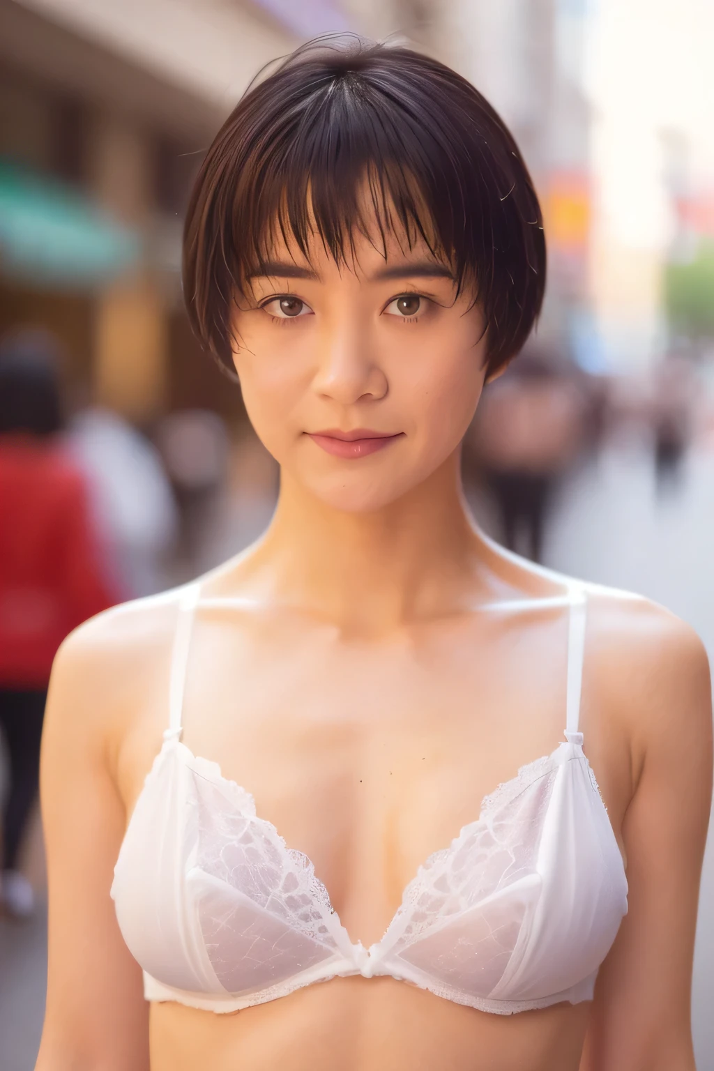 NSFW:1.5,((highest quality、8K resolution、master masterpiece、portrait:1.3)), Photoreal, 35mm film, 1 Japanese female, Upper body、on the street during the day, wrinkles around the eyes、plump body、cleavage、boyish_pixie cut、smile,((white bra_panties:1.3)) , (outdoor:city street 1.3), jumbled background,look at the audience,Tokyo cityscape:1.3
