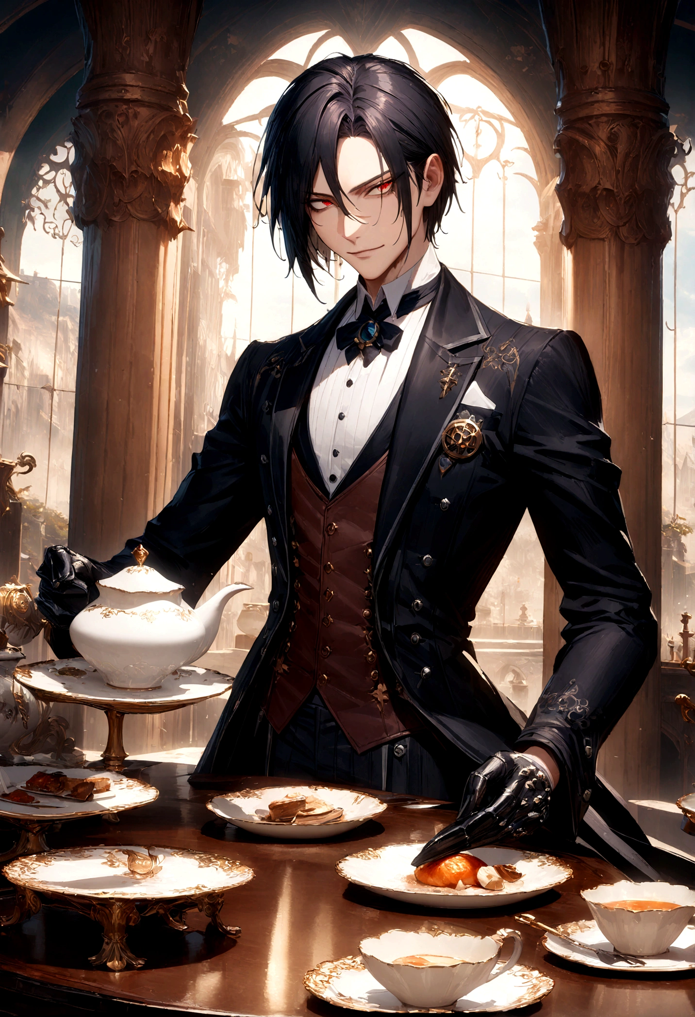 1boy, Sebastian Michaelis, Black Butler, black hair, red eyes, a handsome butler serving tea, intricate, elegant . detailed matte painting, deep color, fantastical, intricate detail, splash screen, complementary colors, fantasy concept art, 8k resolution trending on Artstation Unreal Engine 5, masterpiece, best quality, very aesthetic, absurdres