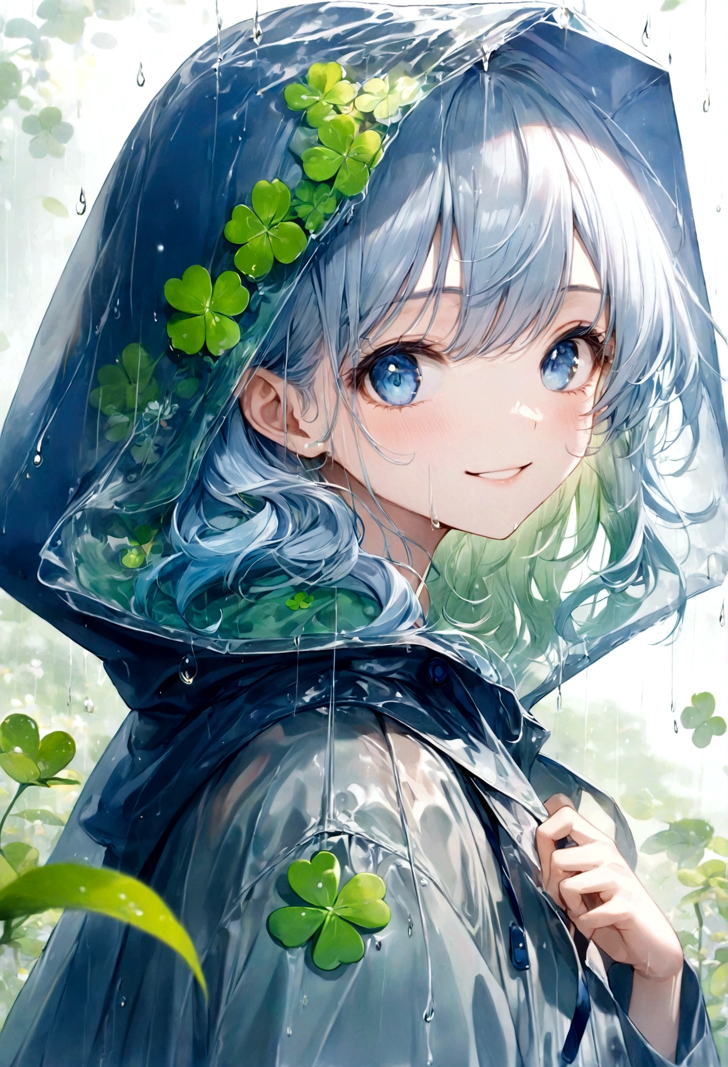 ((top-quality)), ((masterpiece)), ((ultra-detailliert)), (extremely delicate and beautiful), beautiful woman, bright light blue hair, long wavy hair, sapphire blue eyes, wearing a spring green raincoat, raincoat has a hood, raincoat hood is translucent, raincoat hood has embedded leaves, raincoat hood has embedded clovers, raincoat hood has embedded delicate white flowers, raincoat hood is sheer, raincoat is sheer, graceful smile, sweet smile, relaxed expression, fair complexion, rainy spring background