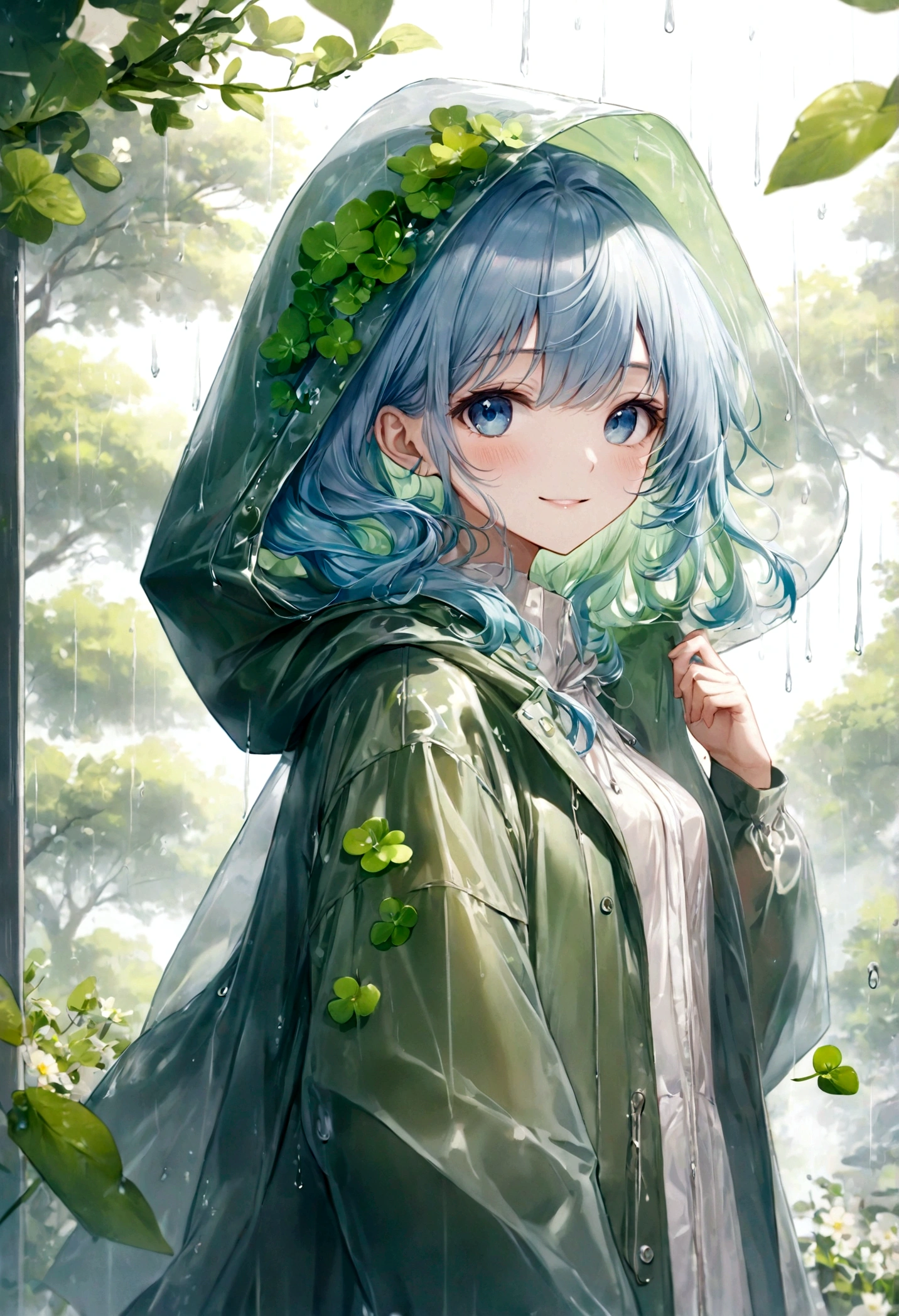 ((top-quality)), ((masterpiece)), ((ultra-detailliert)), (extremely delicate and beautiful), beautiful woman, bright light blue hair, long wavy hair, sapphire blue eyes, wearing a spring green raincoat, raincoat has a hood, raincoat hood is translucent, raincoat hood has embedded leaves, raincoat hood has embedded clovers, raincoat hood has embedded delicate white flowers, raincoat hood is sheer, raincoat is sheer, graceful smile, sweet smile, relaxed expression, fair complexion, rainy spring background