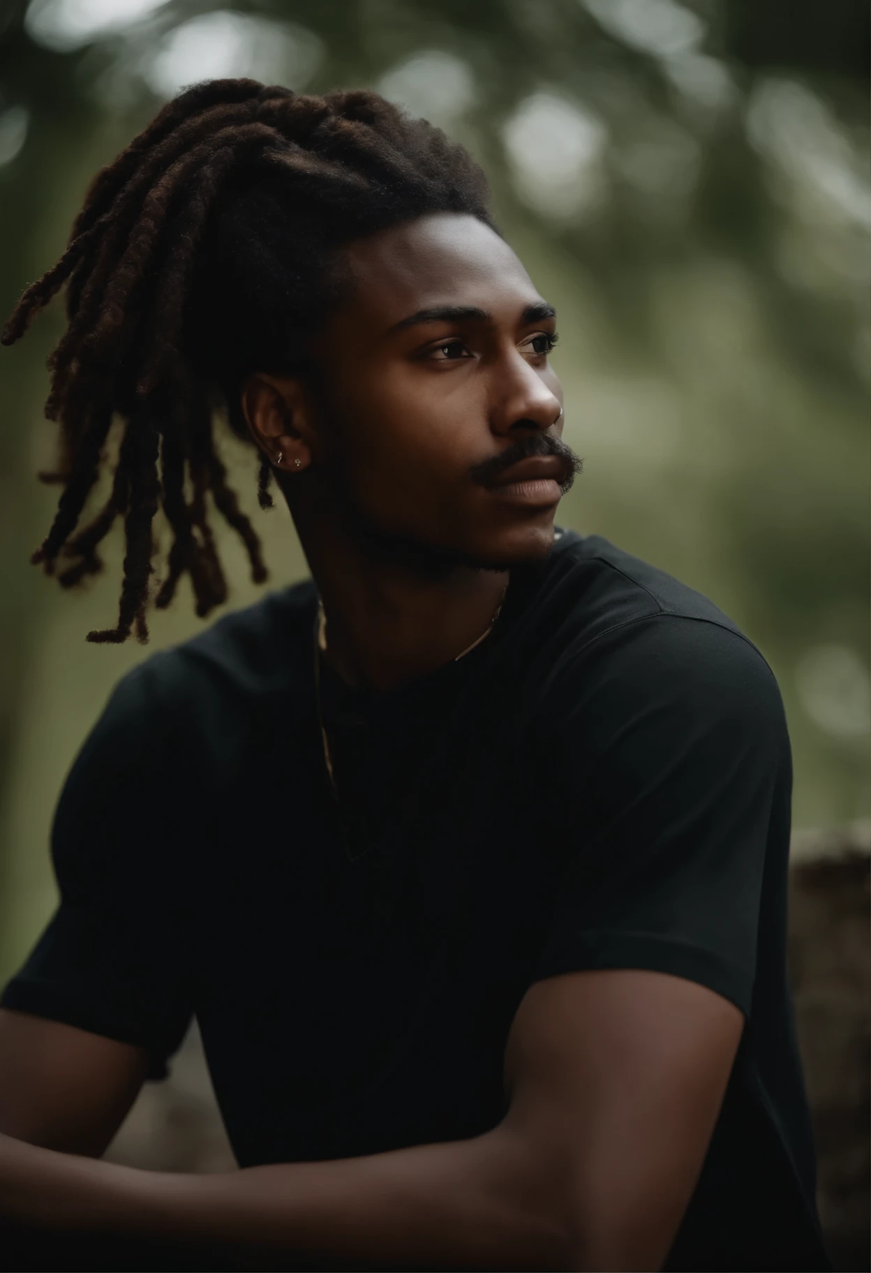 Dark brown skin, Black young adult, stubble mustache, 18 years old, black shirt, dreads in a ponytail, smoking