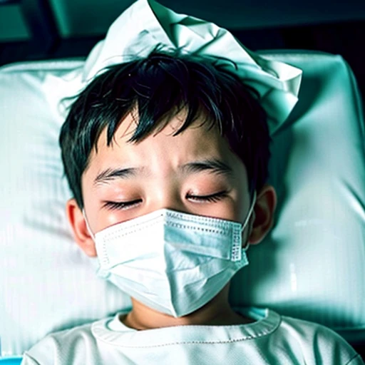 Handsome kindergarten boy with infectious disease、Appearance of suffering. He is wearing a white mask. He has a high fever. he is sleeping. He has a cough. He is exhausted. He is taking his temperature with a thermometer. He is dying. He is cooling his forehead with a cooling gel sheet..Are crying