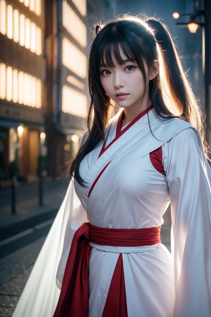 highest quality、8k Masterpiece、超A high resolution、(Photorealistic:1.3)、RAW Photos、1 girl、Long, shiny silver-white hair、Glowing Skin、samurai、Ninja、((Ultra-Realistic Details))、Portrait、Global Illumination、Shadow、Octane Rendering、8k、Super sharp、Beautiful breasts、Metal、Cold colors、、Very intricate details、Realistic Light、CGSoation Trend、Beautiful Eyes、Shining Eyes、To the camera、Neon Details、20age、Too beautiful face、Intelligence、Obscene、A little sexy、Moe、Rin、whole body、Healthy Body、The background is the rooftops of Manhattan buildings at night.、love、Charm、mischievous、More sexy、He is wearing a futuristic white armor and a red kimono draped over his shoulders.、Green lightsaber、Jedi Knight、In combat、Overbearing、
