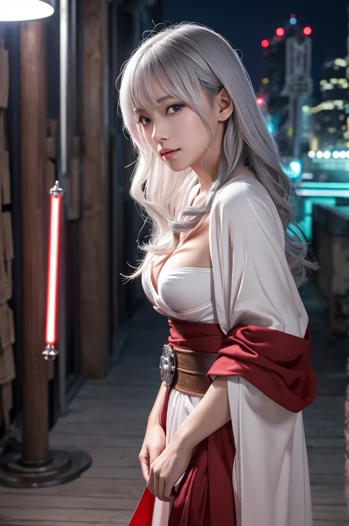 highest quality、8k Masterpiece、超A high resolution、(Photorealistic:1.3)、RAW Photos、1 girl、Long, shiny silver-white hair、Glowing Skin、samurai、Ninja、((Ultra-Realistic Details))、Portrait、Global Illumination、Shadow、Octane Rendering、8k、Super sharp、Beautiful breasts、Metal、Cold colors、、Very intricate details、Realistic Light、CGSoation Trend、Beautiful Eyes、Shining Eyes、To the camera、Neon Details、２０age、Too beautiful face、Intelligence、Obscene、A little sexy、Moe、Rin、whole body、Healthy Body、The background is the rooftops of Manhattan buildings at night.、love、Charm、mischievous、More sexy、He is wearing a futuristic white armor and a red kimono draped over his shoulders.、Green lightsaber、Jedi Knight、In combat、Overbearing、