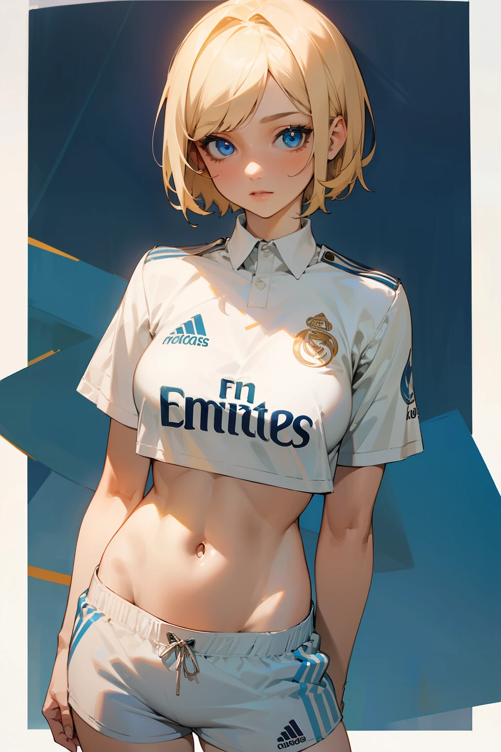 Girl, short blond hair, blue eyes, big breasts, white shorts, wearing Real Madrid kit, Real Madrid logo, exposed stomach