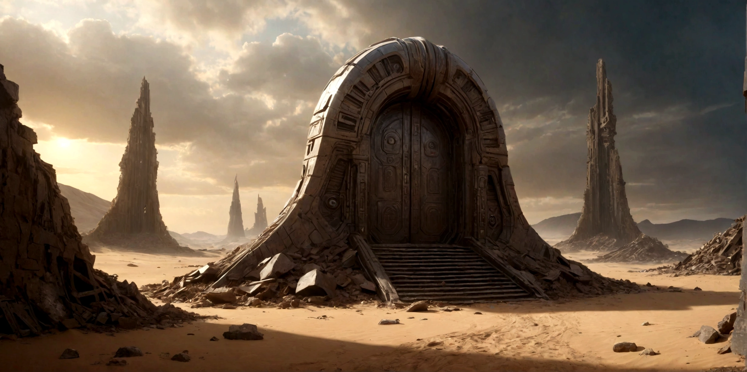 (EN UN VALLE RODEADO DE ACANTILADOS) ((THE DOOR OF AN ALIEN TEMPLE IN RUINS AND IN PIECES) , (A GIANT, THREE-LEVEL, 300-METER-LONG SPACESHIP FALLING RUSTY ABANDONED LAYING IN THE SAND CRUMBLED INTO DOZENS OF PIECES BY TIME))), SUPER HIGH DEFINITION IMAGE WITH HYPER REALISM , MUCHO CALOR, PLANETA SECO, hyper realistic in 4K, cinematic lighting. little vegetation on alien planet other than Earth, cloudy stormy and cold weather, el sol se oculta