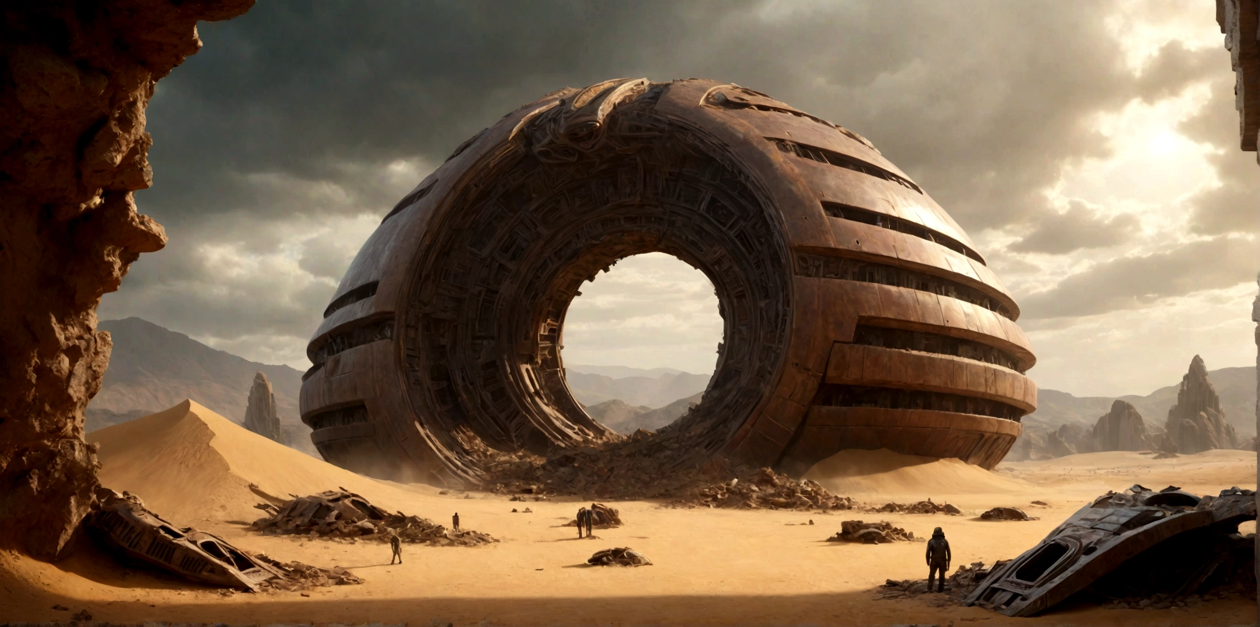 (EN UN VALLE RODEADO DE ACANTILADOS) ((THE DOOR OF AN ALIEN TEMPLE IN RUINS AND IN PIECES) , (A GIANT, THREE-LEVEL, 300-METER-LONG SPACESHIP FALLING RUSTY ABANDONED LAYING IN THE SAND CRUMBLED INTO DOZENS OF PIECES BY TIME))), SUPER HIGH DEFINITION IMAGE WITH HYPER REALISM , MUCHO CALOR, PLANETA SECO, hyper realistic in 4K, cinematic lighting. little vegetation on alien planet other than Earth, cloudy stormy and cold weather, el sol se oculta