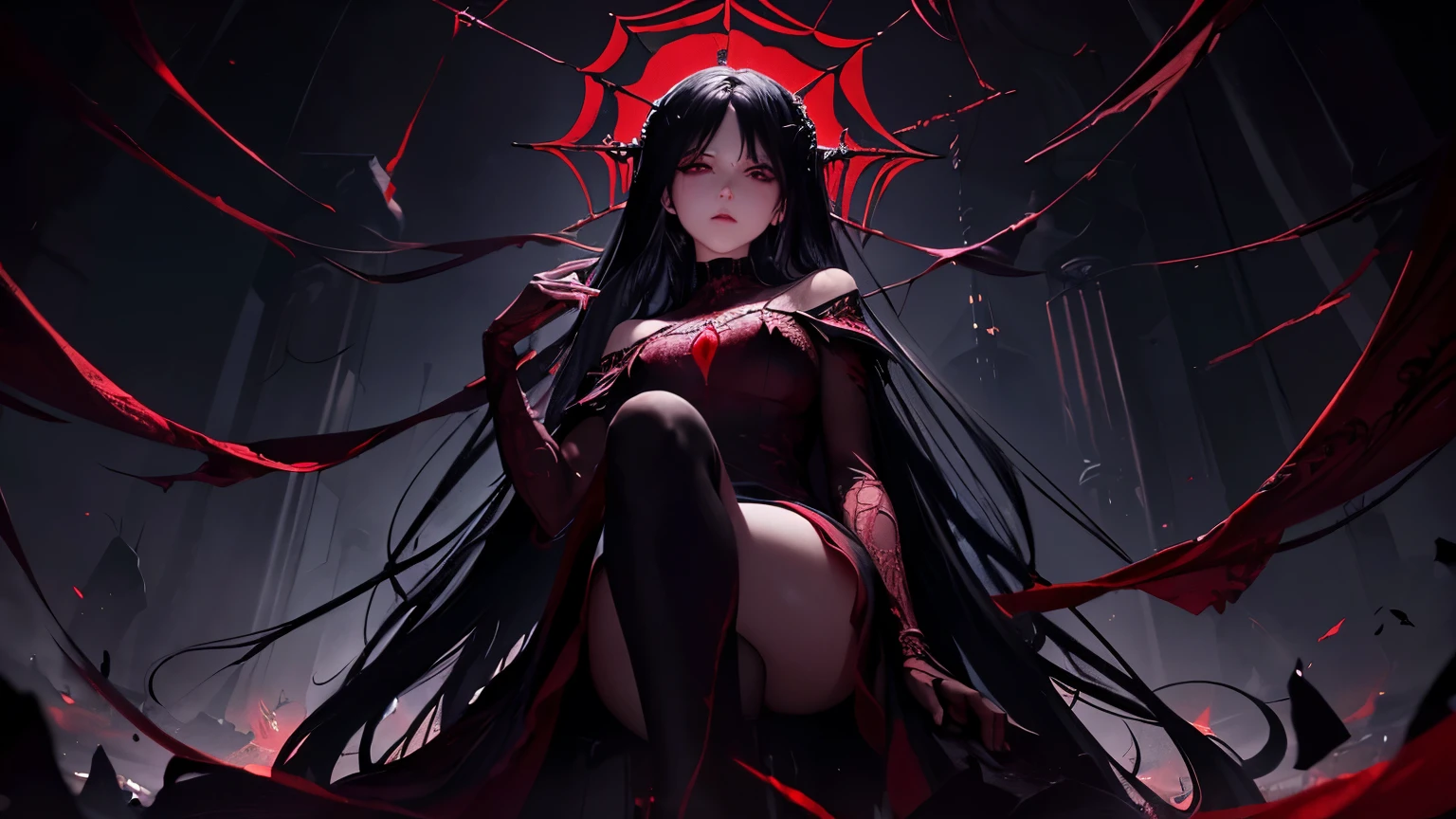 8k, (masterpiece, absurd quality, best quality, official art, beautiful and aesthetic:1.2), professional, vivid color, black hair, glowing red eyes, in the darkness, looking up, intense, sitting down in the darness, web, spider, arachne, detailed background,fantasy setting, dark castle background, long hair, flowy, wind