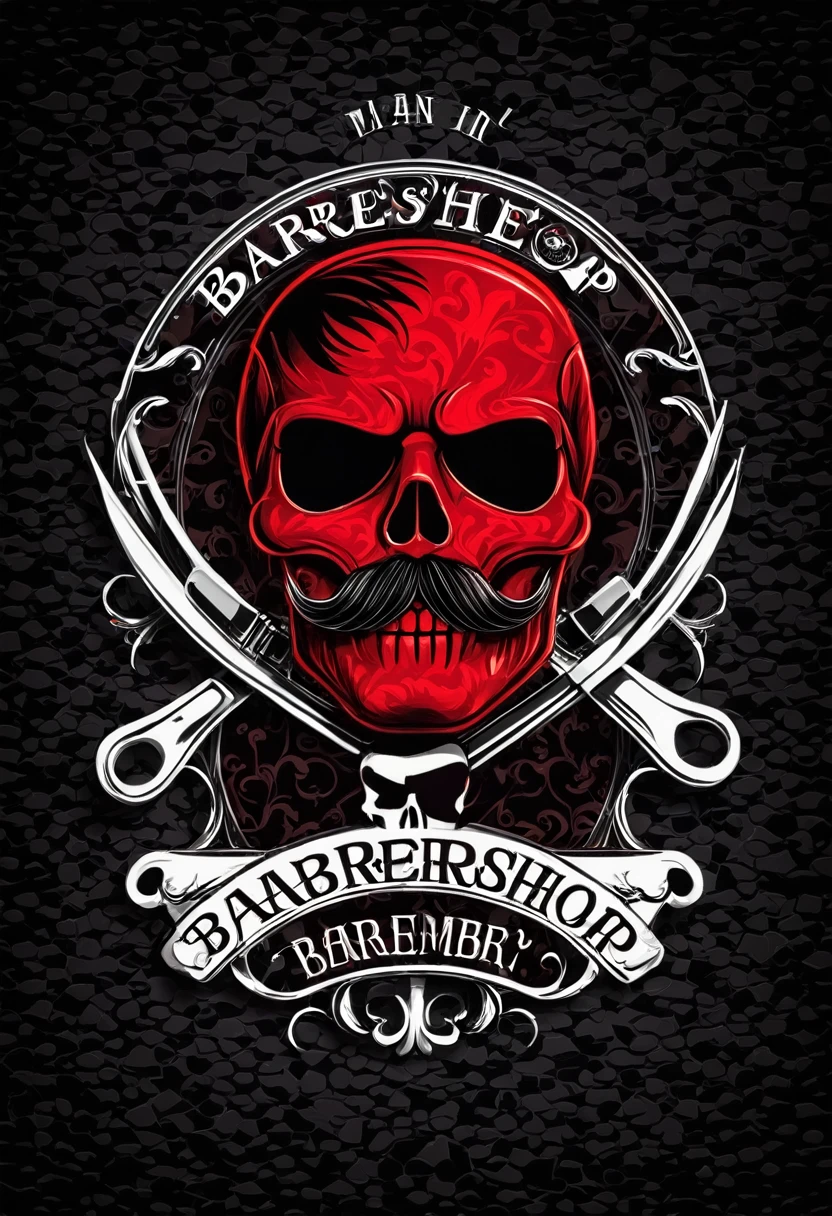 create a barbershop background, and in front a red skull with a mustache