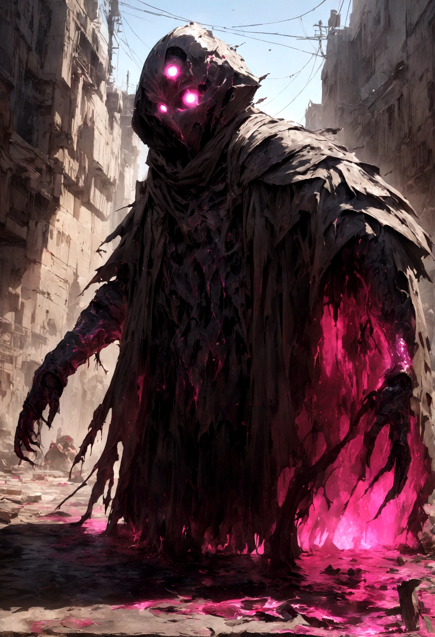 breathtaking cinematic science fiction photo of a portrait of a non human masked Grim dressed as a alchemist wrapped in chemicals, body full glowing metrics in the armour, glowing eyes, l metallic arms, standing in the middle of a chemical spill, daylight, extremely menacing creature, highly detailed, award-winning