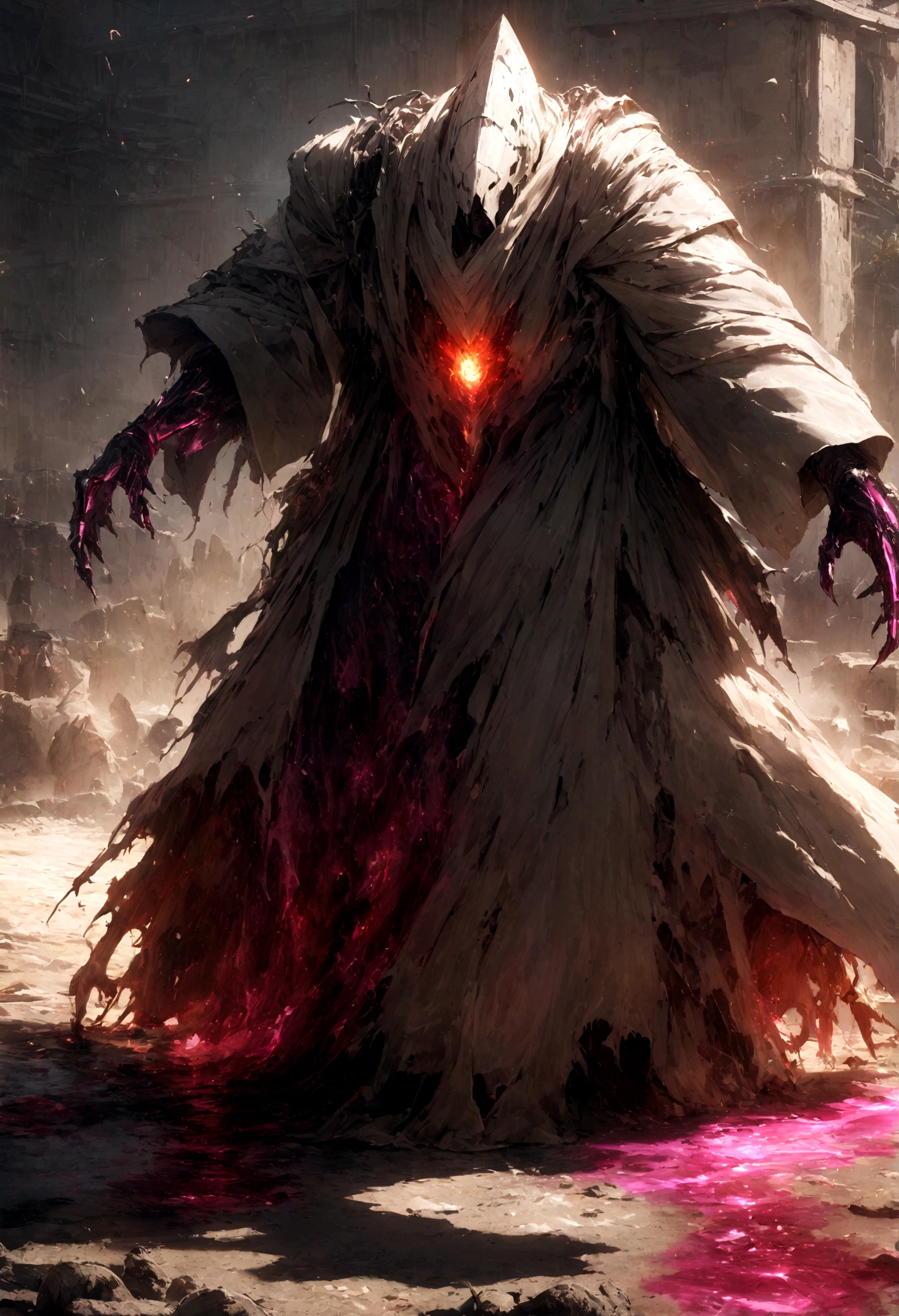 breathtaking cinematic science fiction photo of a portrait of a non human masked Grim dressed as a alchemist wrapped in chemicals, body full glowing metrics in the armour, glowing eyes, l metallic arms, standing in the middle of a chemical spill, daylight, extremely menacing creature, highly detailed, award-winning