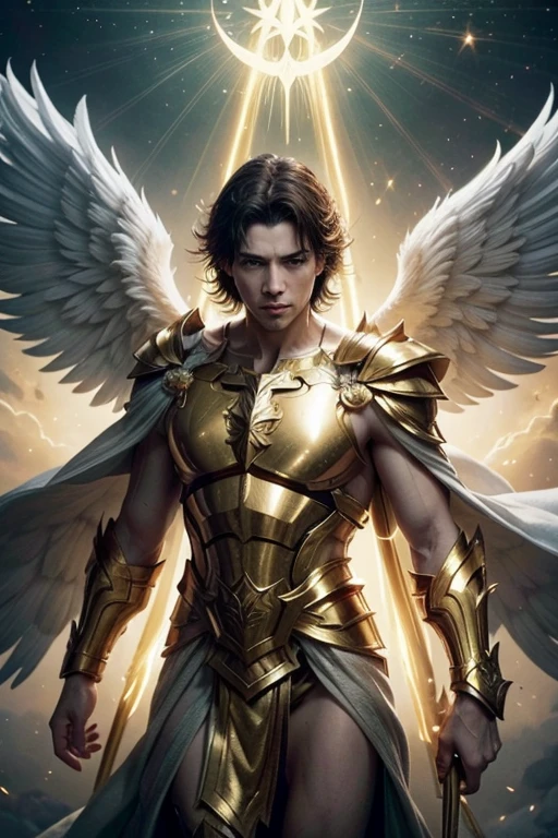 An epic and divine scene featuring a powerful   mature male angel with large white wings, holding a golden staff. The angel has a strong and noble expression, surrounded by a mystical, glowing aura. The background is dark and ethereal with subtle, shadowy figures. The angel is adorned with a flowing, green robe and golden armor, exuding a sense of strength and purity. No text in the image.
