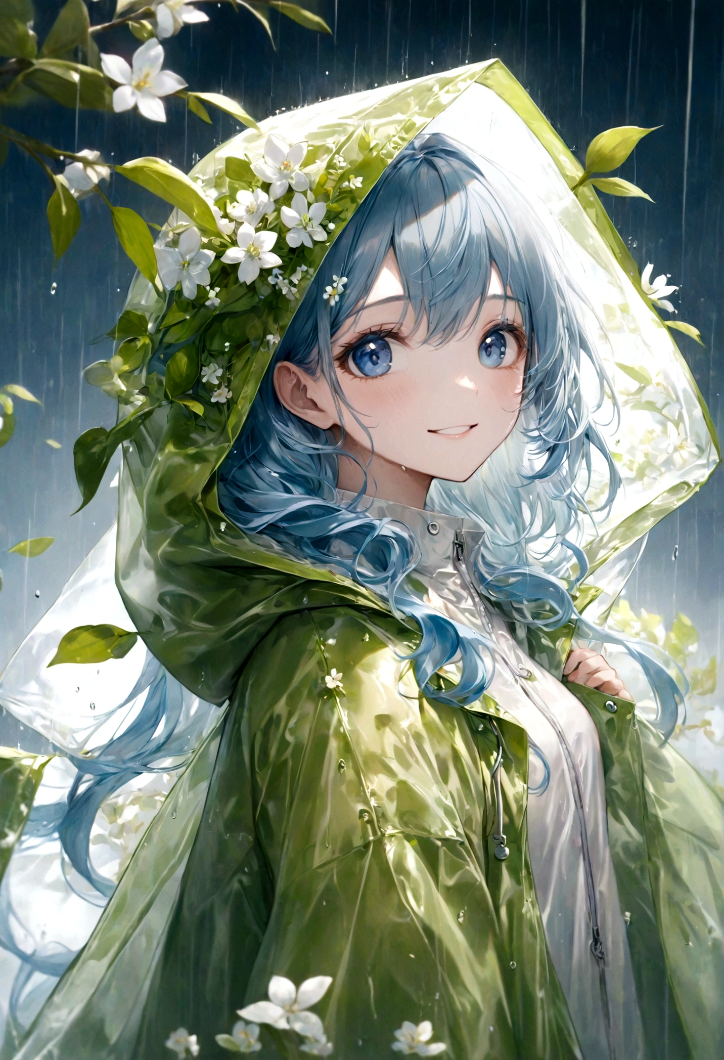 ((top-quality)), ((​masterpiece)), ((ultra-detailliert)), (extremely delicate and beautiful), beautiful woman, bright light blue hair, long wavy hair, sapphire blue eyes, wearing a spring green raincoat, raincoat has a hood, raincoat hood is translucent, raincoat hood has embedded leaves, raincoat hood has embedded delicate white flowers, raincoat is sheer, graceful smile, sweet smile, relaxed expression, fair complexion, rainy spring background