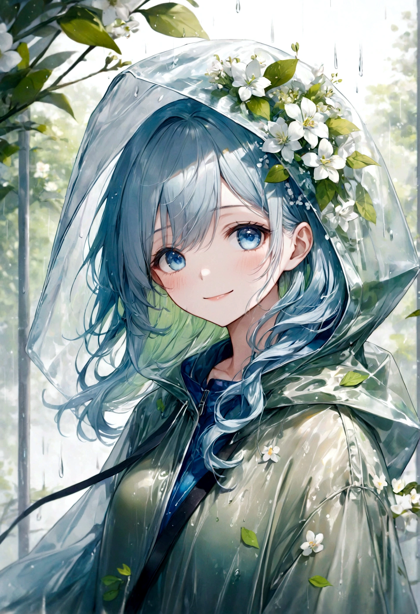 ((top-quality)), ((​masterpiece)), ((ultra-detailliert)), (extremely delicate and beautiful), beautiful woman, bright light blue hair, long wavy hair, sapphire blue eyes, wearing a spring green raincoat, raincoat has a hood, raincoat hood is translucent, raincoat hood has embedded leaves, raincoat hood has embedded delicate white flowers, raincoat is sheer, graceful smile, sweet smile, relaxed expression, fair complexion, rainy spring background