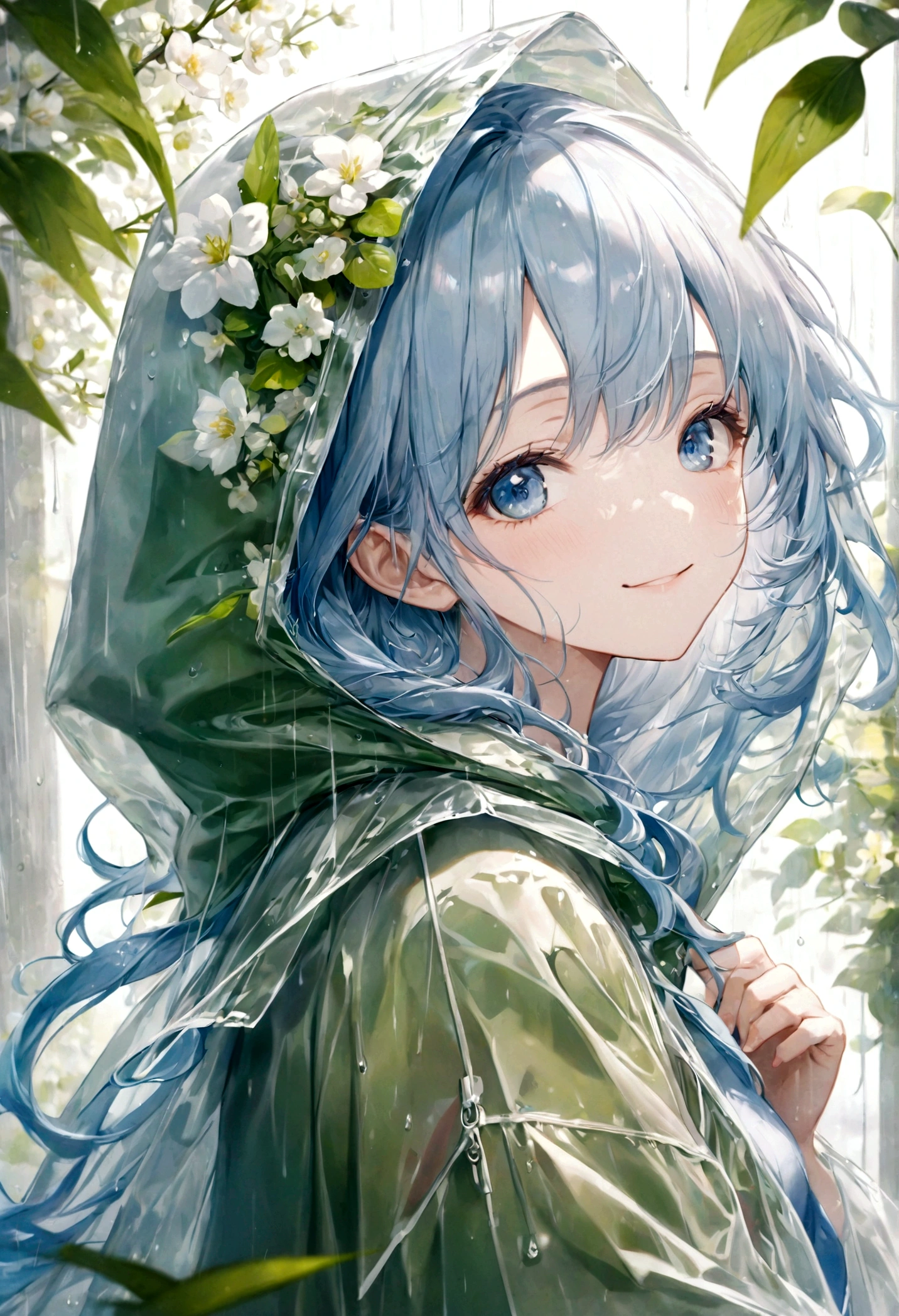 ((top-quality)), ((masterpiece)), ((ultra-detailliert)), (extremely delicate and beautiful), beautiful woman, bright light blue hair, long wavy hair, sapphire blue eyes, wearing a spring green raincoat, raincoat has a hood, raincoat hood is translucent, raincoat hood has embedded leaves, raincoat hood has embedded delicate white flowers, raincoat is sheer, graceful smile, sweet smile, relaxed expression, fair complexion, rainy spring background