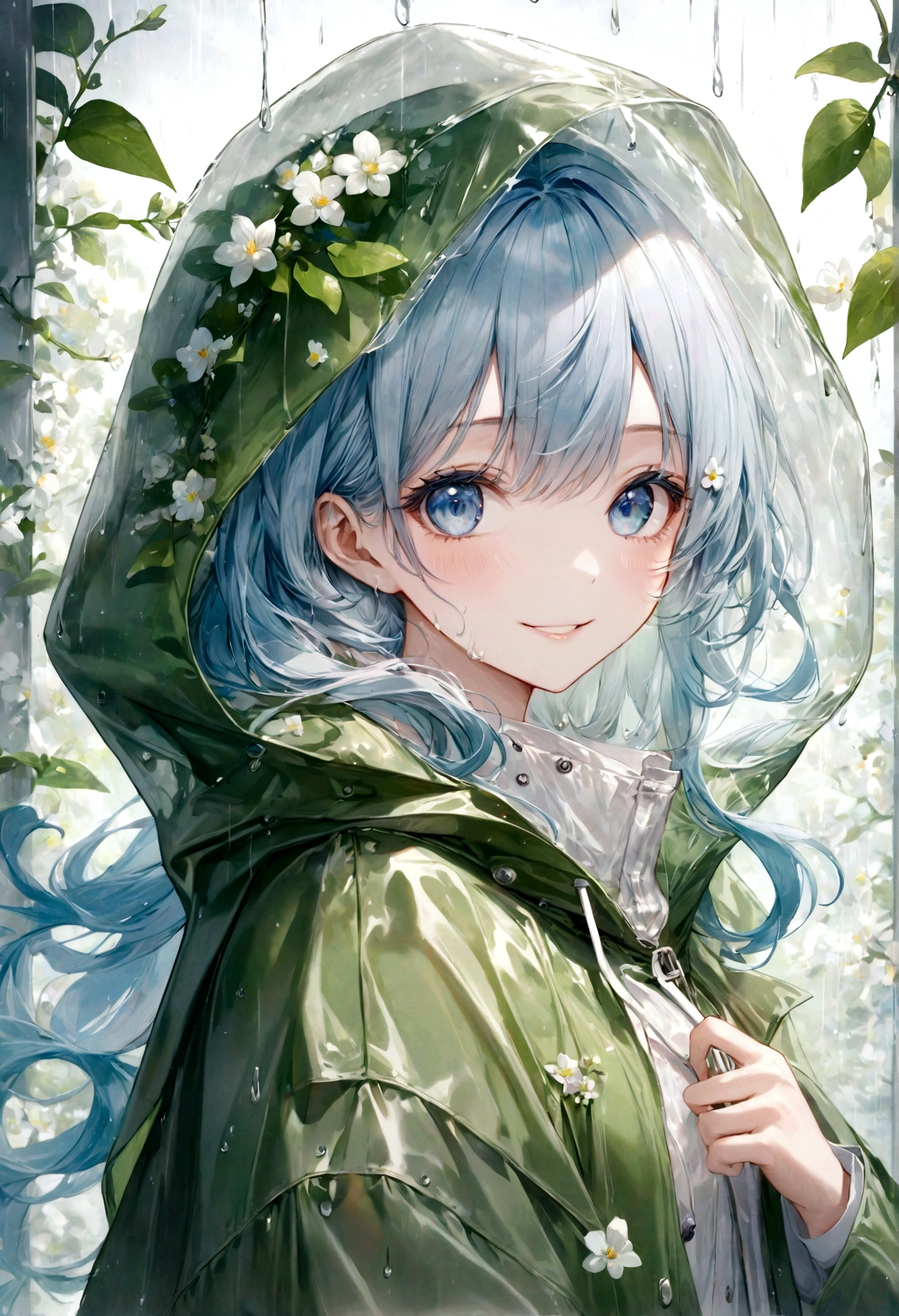 ((top-quality)), ((masterpiece)), ((ultra-detailliert)), (extremely delicate and beautiful), beautiful woman, bright light blue hair, long wavy hair, sapphire blue eyes, wearing a spring green raincoat, raincoat has a hood, raincoat hood is translucent, raincoat hood has embedded leaves, raincoat hood has embedded delicate white flowers, raincoat is sheer, graceful smile, sweet smile, relaxed expression, fair complexion, rainy spring background