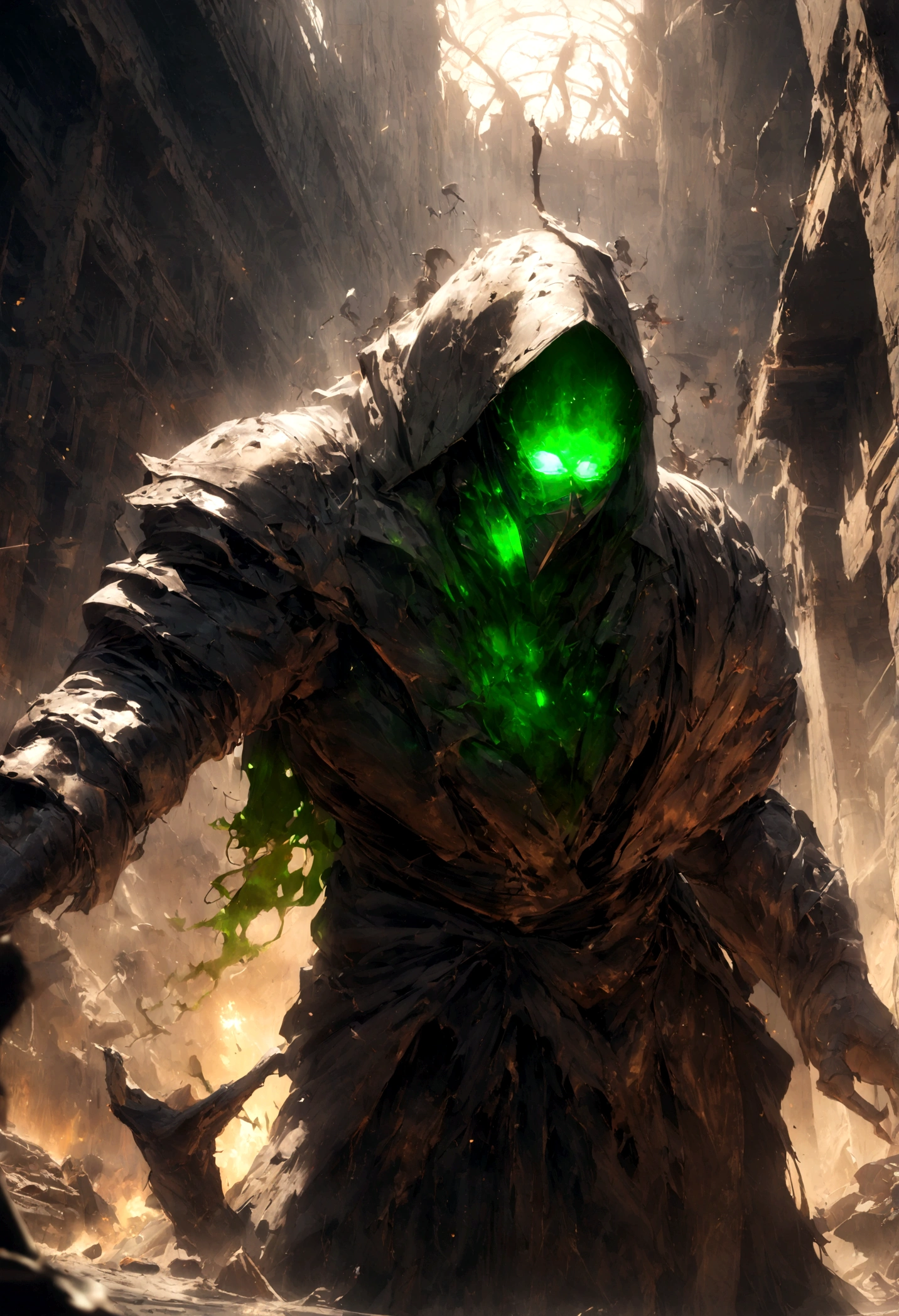 breathtaking cinematic science fiction photo of a portrait of a non human masked Grim dressed as a alchemist wrapped in chemicals, body full glowing metrics in the armour, glowing  eyes, l metallic arms, standing in the middle of a chemical spill, daylight, extremely menacing creature, highly detailed, award-winning