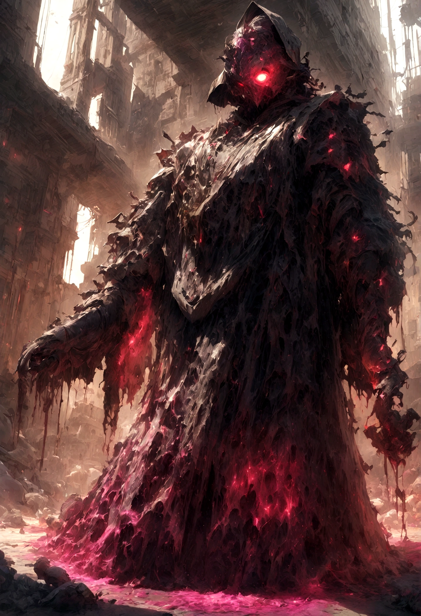 breathtaking cinematic science fiction photo of a portrait of a non human masked Grim dressed as a alchemist wrapped in chemicals, body full glowing metrics in the armour, glowing  eyes, l metallic arms, standing in the middle of a chemical spill, daylight, extremely menacing creature, highly detailed, award-winning