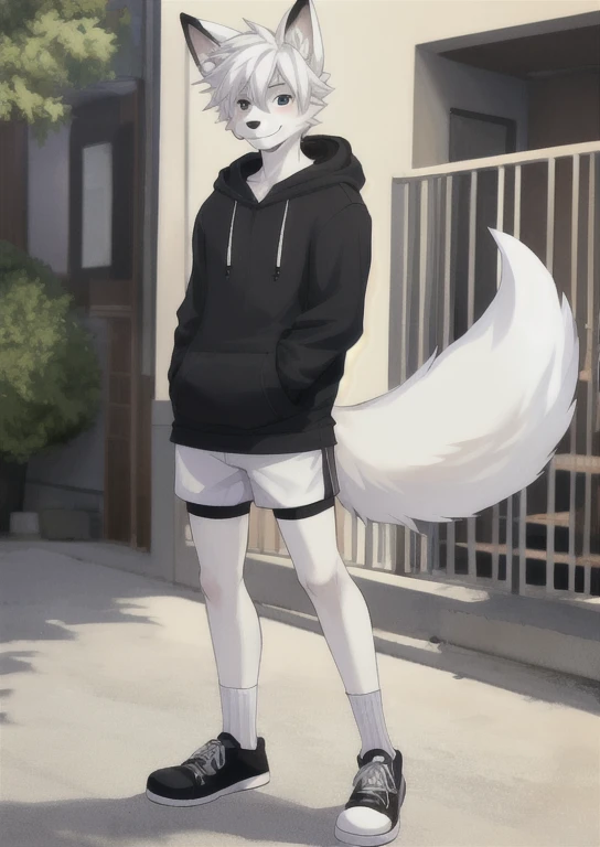 (An 18-year-old boy with white dog ears and white tail:1.1),smile,furry,full body,hoodie,shorts,no_shoes,leg_garter,early ,fox ears,white hair,barefoot,,Cartoon