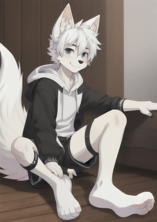 (An 18-year-old boy with white dog ears and white tail:1.1),smile,furry,full body,hoodie,shorts,no_shoes,leg_garter,early teen,fox ears,white hair,barefoot,,Cartoon
