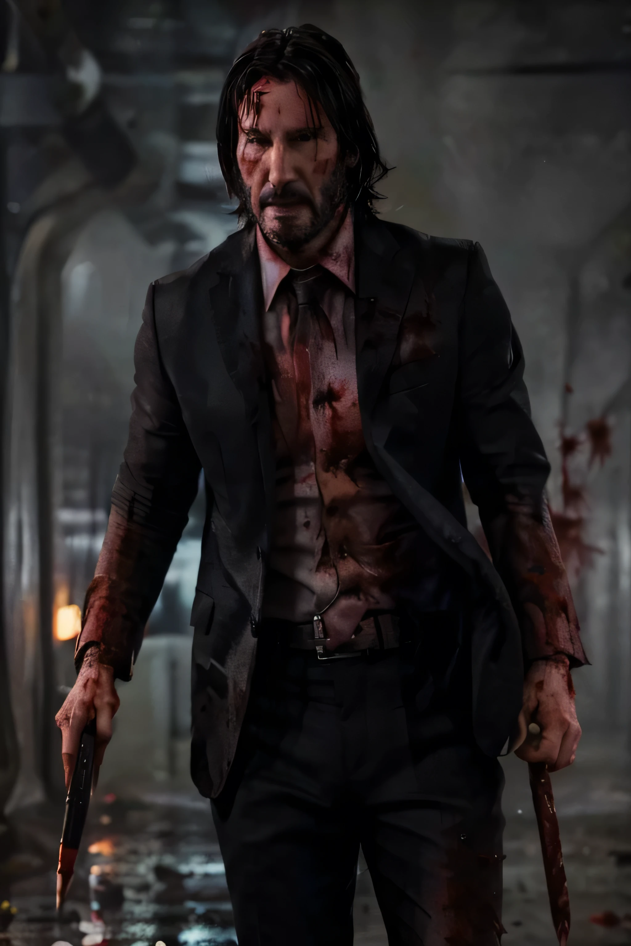 A extremely detailed portrait of John Wick, full body view, (extremely detailed hand holding a pencil, covered in blood), (((extremely detailed face , eyes , hair))),photorealistic, cinematic lighting, dark and gritty atmosphere, masterpiece, 8k, hyper-detailed