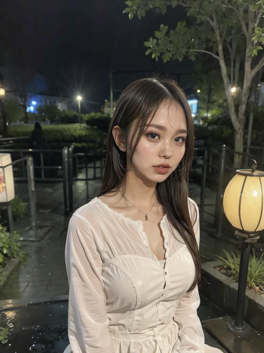 (Very detailed CG ユニティ 8k 壁紙), Beautiful young woman in the rain, dress, Sitting, Cemetery with lanterns, Style-Empire, (Style-Glass), (((Surrealism))), full_body_shot, dramatic, Backlight, light, Volumetric lighting, Detailed face, Very detailed, Painting