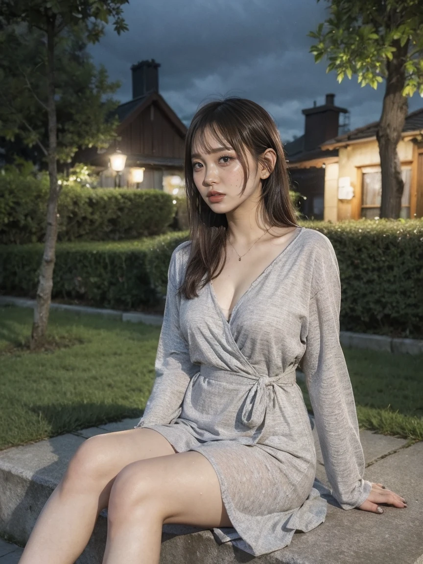 (Very detailed CG ユニティ 8k 壁紙), Beautiful young woman in the rain, dress, Sitting, Cemetery with lanterns, Style-Empire, (Style-Glass), (((Surrealism))), full_body_shot, dramatic, Backlight, light, Volumetric lighting, Detailed face, Very detailed, Painting