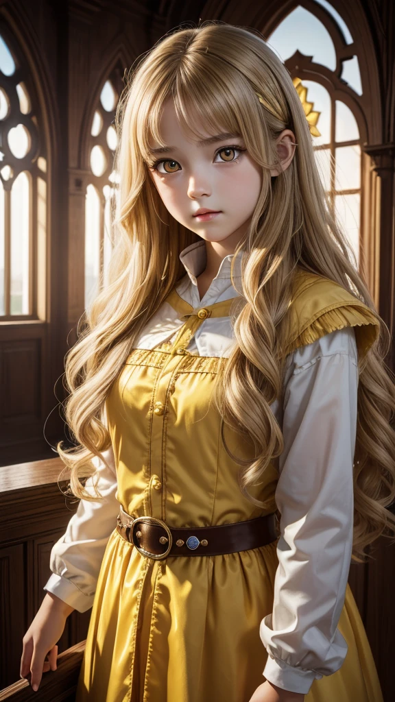 high detail, clarity, 8 kkk, young girl, 15 years old, light hair, wavy hair, yellow eyes, blazing, Realism, fantasy,