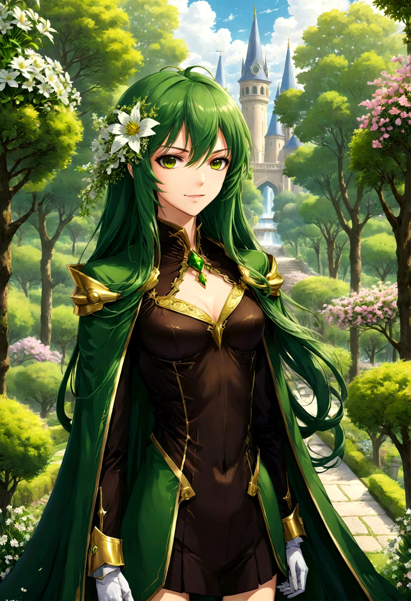 1girl, Code Geass, C.C., "CODE GEASS Lelouch of the Rebellion", solo, (green hair), by Studio Ghibli, cc_codegeass, long hair, straight hair, bangs, brown eyes, hair between eyes, suit, cloak, flowers, path, outdoor, seductive smile, looking at viewer, (masterpiece, best quality, Professional, perfect composition, very aesthetic, absurdres, ultra-detailed, intricate details:1.3)