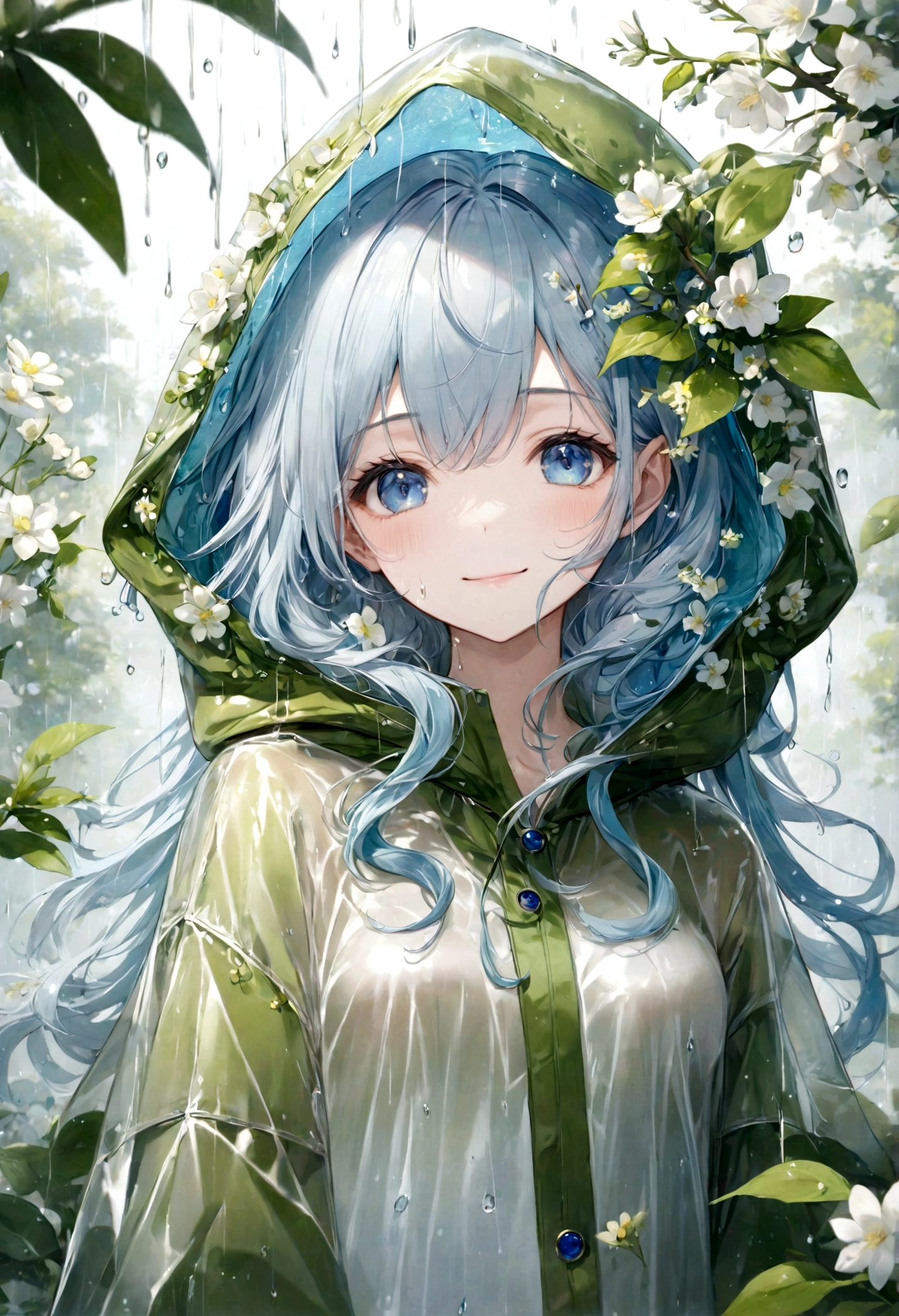 ((top-quality)), ((​masterpiece)), ((ultra-detailliert)), (extremely delicate and beautiful), beautiful woman, bright light blue hair, long wavy hair, sapphire blue eyes, wearing a spring green raincoat, raincoat has a hood, raincoat hood is translucent, raincoat hood has embedded leaves, raincoat hood has embedded delicate white flowers, raincoat is sheer, hair is within the hood, graceful smile, sweet smile, relaxed expression, fair complexion, rainy spring background