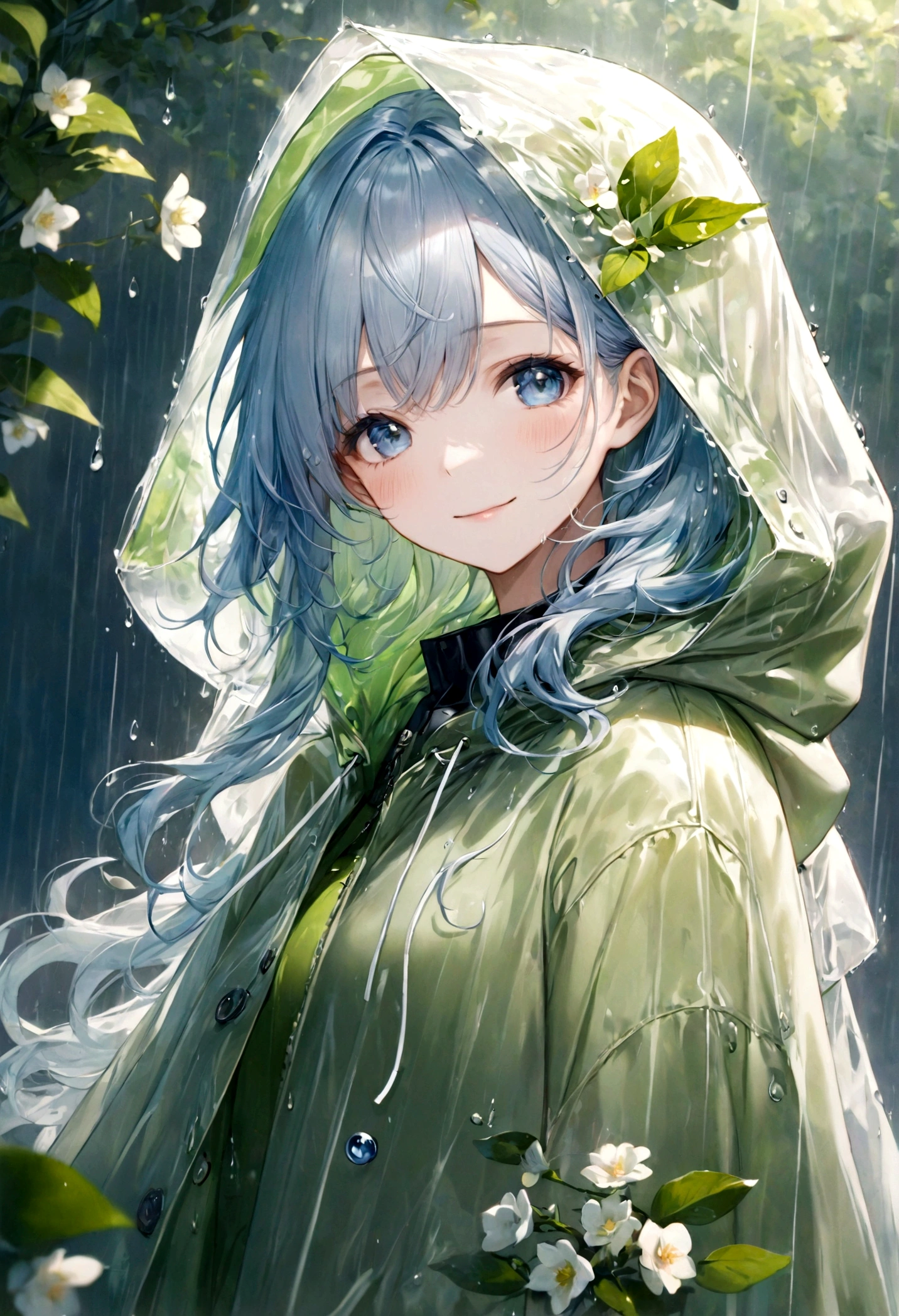 ((top-quality)), ((masterpiece)), ((ultra-detailliert)), (extremely delicate and beautiful), beautiful woman, bright light blue hair, long wavy hair, sapphire blue eyes, wearing a spring green raincoat, raincoat has a hood, raincoat hood is translucent, raincoat hood has embedded leaves, raincoat hood has embedded delicate white flowers, raincoat is sheer, hair is within the hood, graceful smile, sweet smile, relaxed expression, fair complexion, rainy spring background