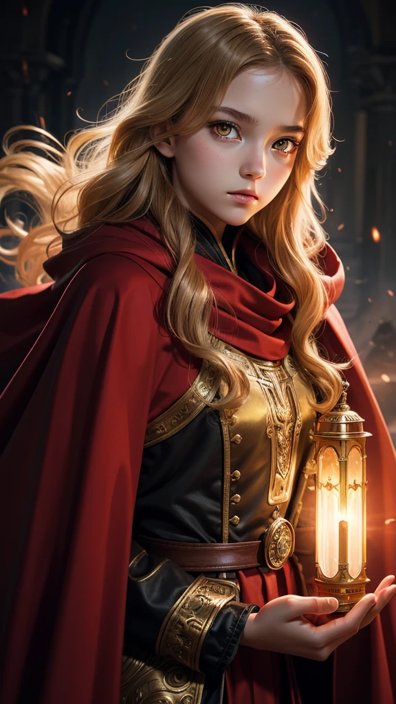 high detail, clarity, 8 kkk, young girl, 15 years old, light hair, wavy hair, yellow eyes, blazing, red cloak, Realism, fantasy,