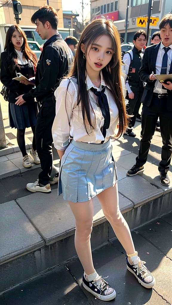 (((NFSW : 1.2))), (((pornography))), (realistic), (intricate details:1.2), (masterpiece、:1.3), (top quality:1.4), (Ultra A high resolution:1.2), Ultra A high resolution, 8K resolution, very detailed expression, dark, (high quality), complete anatomy, natural anatomy, full body photo, crowded agers, 1 Girl being raped by 2 men, 21 years old, (call girl:1.5), (prostitute: 1.5), (she is korean:1.6), (beautiful : 1.4), (Shiny blonde banging), (earrings), light makeup, Confusing wording, tie, long legs, (a girl weared flesh colored realistic pantyhose and flat sneakers : 1.3), (a girl weared slim pencil mini skirt of school_uniform and blouse : 1.6), (boys and girl are wearing a slim blazer), (boys weared normal school_uniform pants : 1.3), glowing skin, the men tied up her arms behind back, (((she feels orgasm : 1.6))), (((moaning : 1.5))), (her gaze being evade camera focus.:1.4),(She being caught and sexually harassed by men : 1.5), (she being forcibly raped by two men : 1.5), violated by them, (One pair of shoes are always symmetrical:1.5),