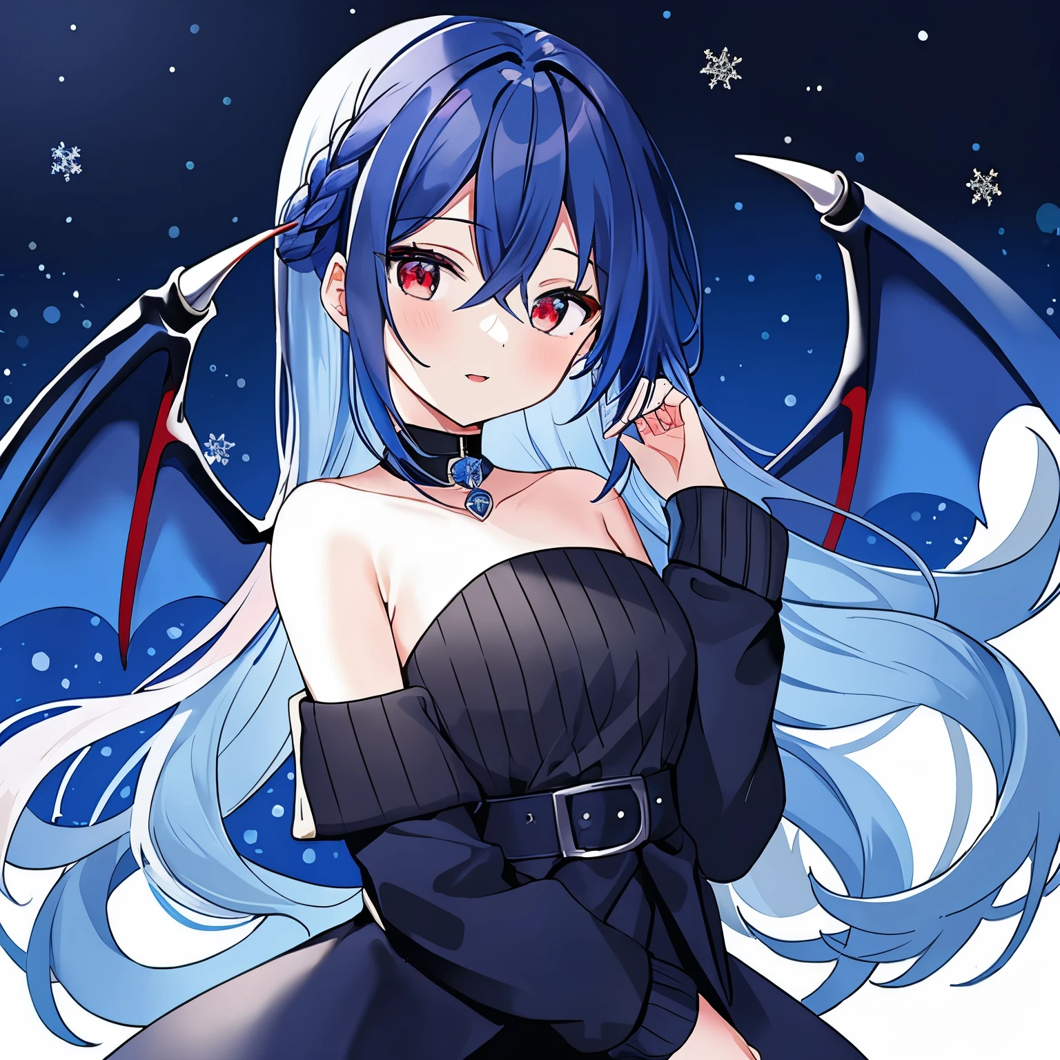 ((best quality)), ((masterpiece)), (detailed), 1girl, off-shoulder black sweater, cobalt blue hair, red eyes, vampire, blue jacket, black and blue wings, nighttime, blue moonlight, snowy night