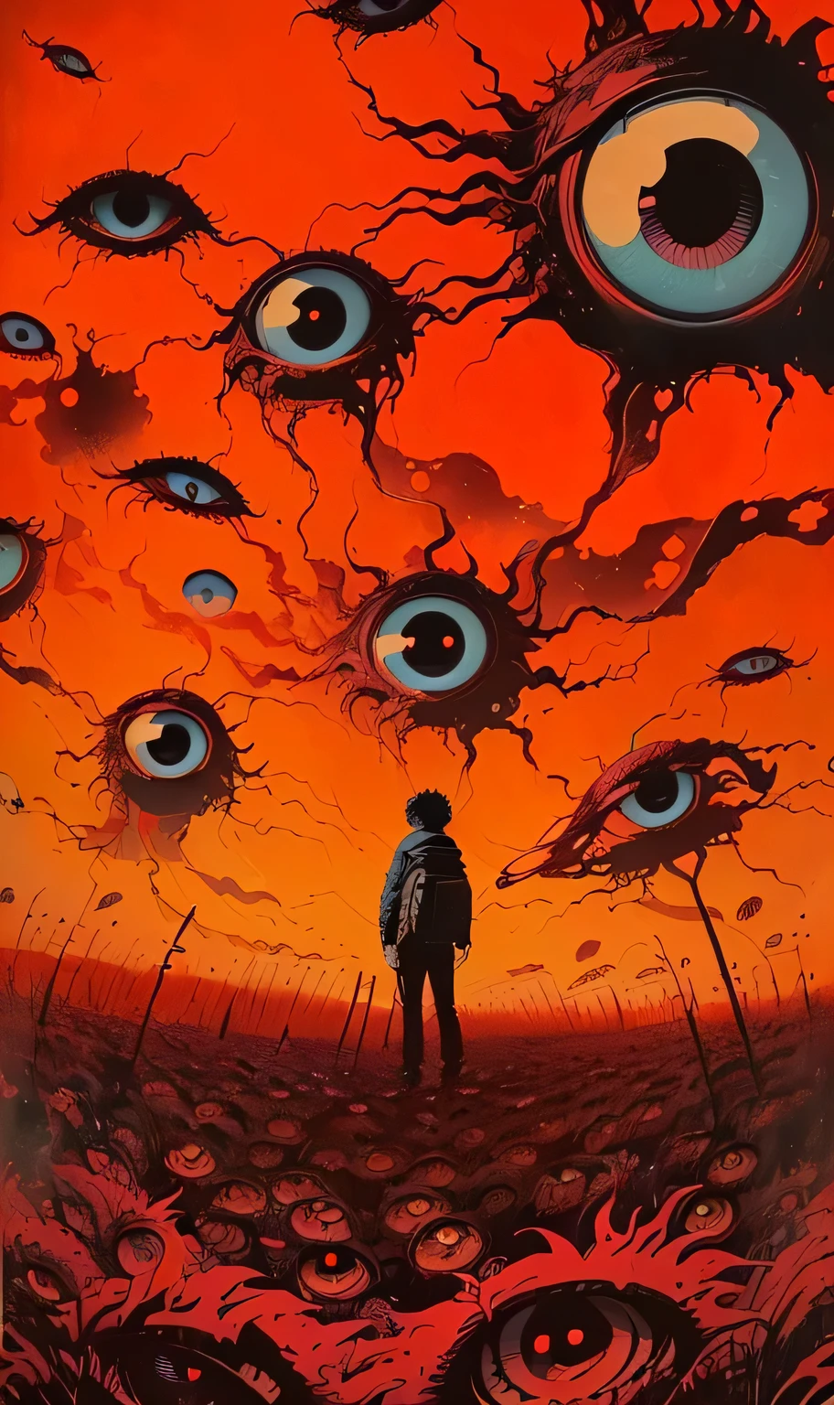 Illustration of a person, standing in a field with a bunch of eyes, kazuo umezu artwork, void Eyeballs, From points Akira ( 1 9 8 8 ) Style, bloodshot Eyeballs, Many eyes in space, eye wall, Eyeballs, Many scary eyes in space, eyes look dead, few Eyeballs, Dune 2 scene 0 2 1
