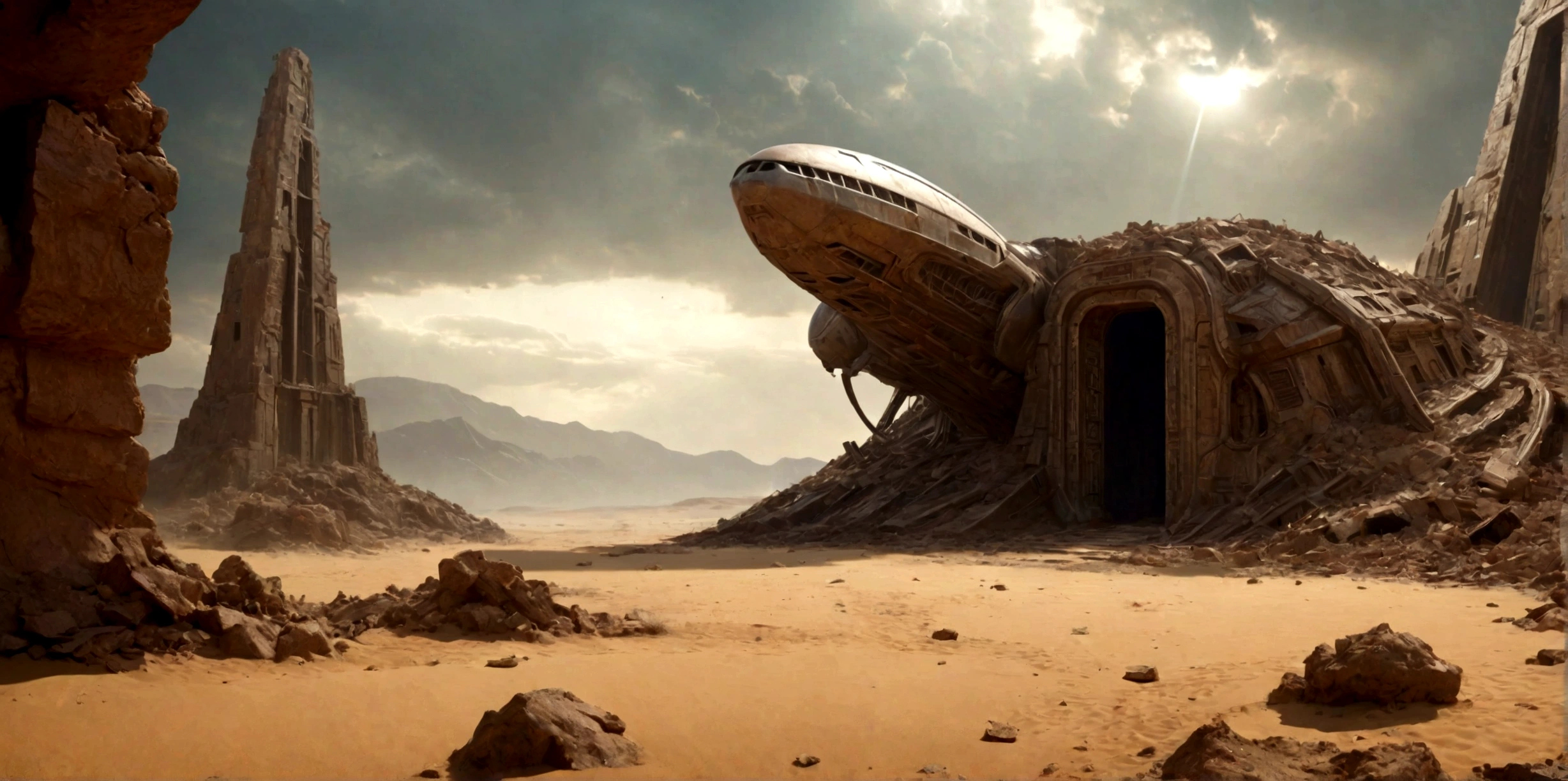 (EN UN VALLE RODEADO DE ACANTILADOS) ((THE DOOR OF AN ALIEN TEMPLE IN RUINS AND IN PIECES) , (A GIANT, THREE-LEVEL, 300-METER-LONG SPACESHIP FALLING RUSTY ABANDONED LAYING IN THE SAND CRUMBLED INTO DOZENS OF PIECES BY TIME))), SUPER HIGH DEFINITION IMAGE WITH HYPER REALISM , MUCHO CALOR, PLANETA SECO, hyper realistic in 4K, cinematic lighting. little vegetation on alien planet other than Earth, cloudy stormy and cold weather, el sol se oculta