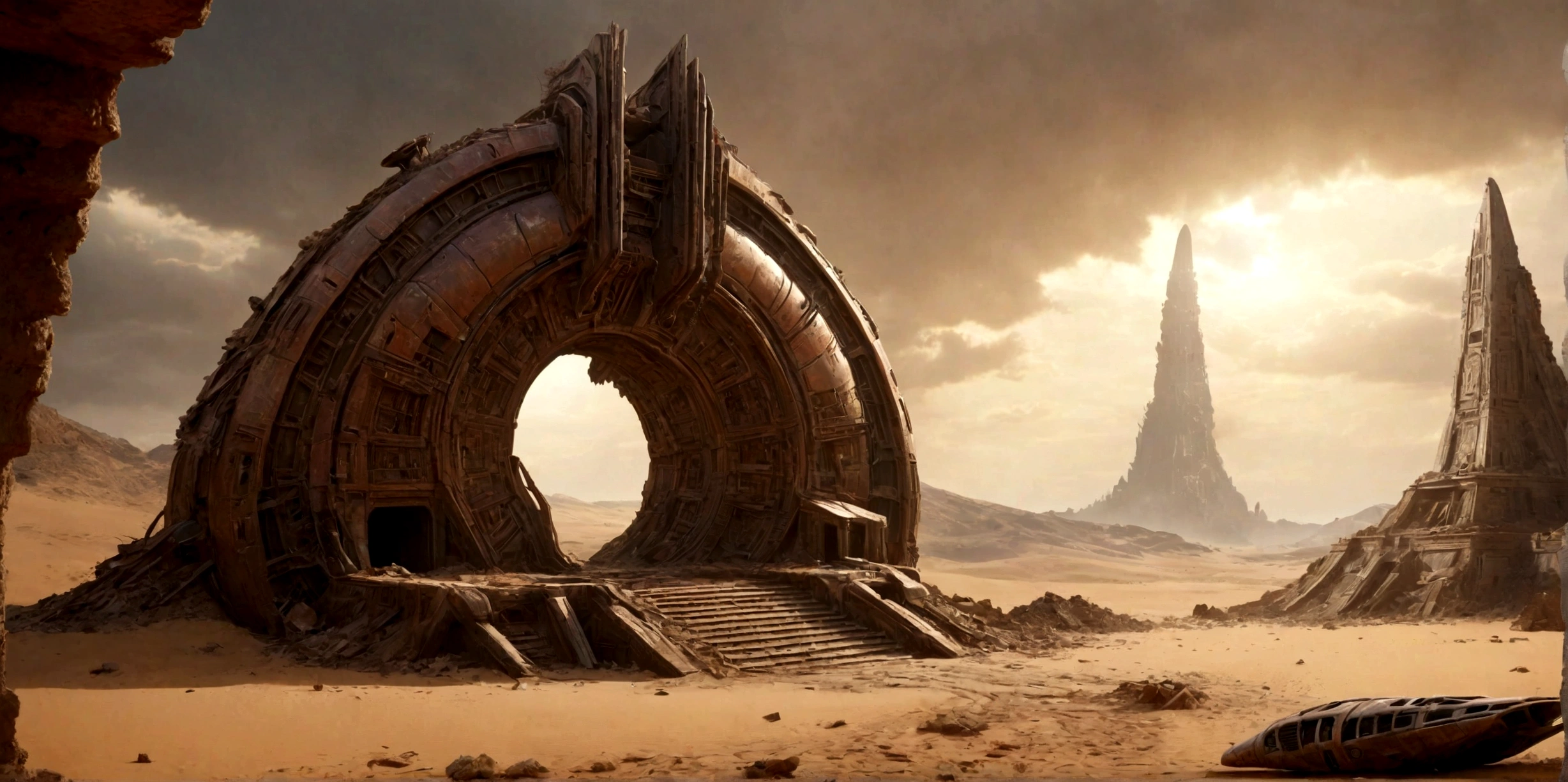 (EN UN VALLE RODEADO DE ACANTILADOS) ((THE DOOR OF AN ALIEN TEMPLE IN RUINS AND IN PIECES) , (A GIANT, THREE-LEVEL, 300-METER-LONG SPACESHIP FALLING RUSTY ABANDONED LAYING IN THE SAND CRUMBLED INTO DOZENS OF PIECES BY TIME))), SUPER HIGH DEFINITION IMAGE WITH HYPER REALISM , MUCHO CALOR, PLANETA SECO, hyper realistic in 4K, cinematic lighting. little vegetation on alien planet other than Earth, cloudy stormy and cold weather, el sol se oculta