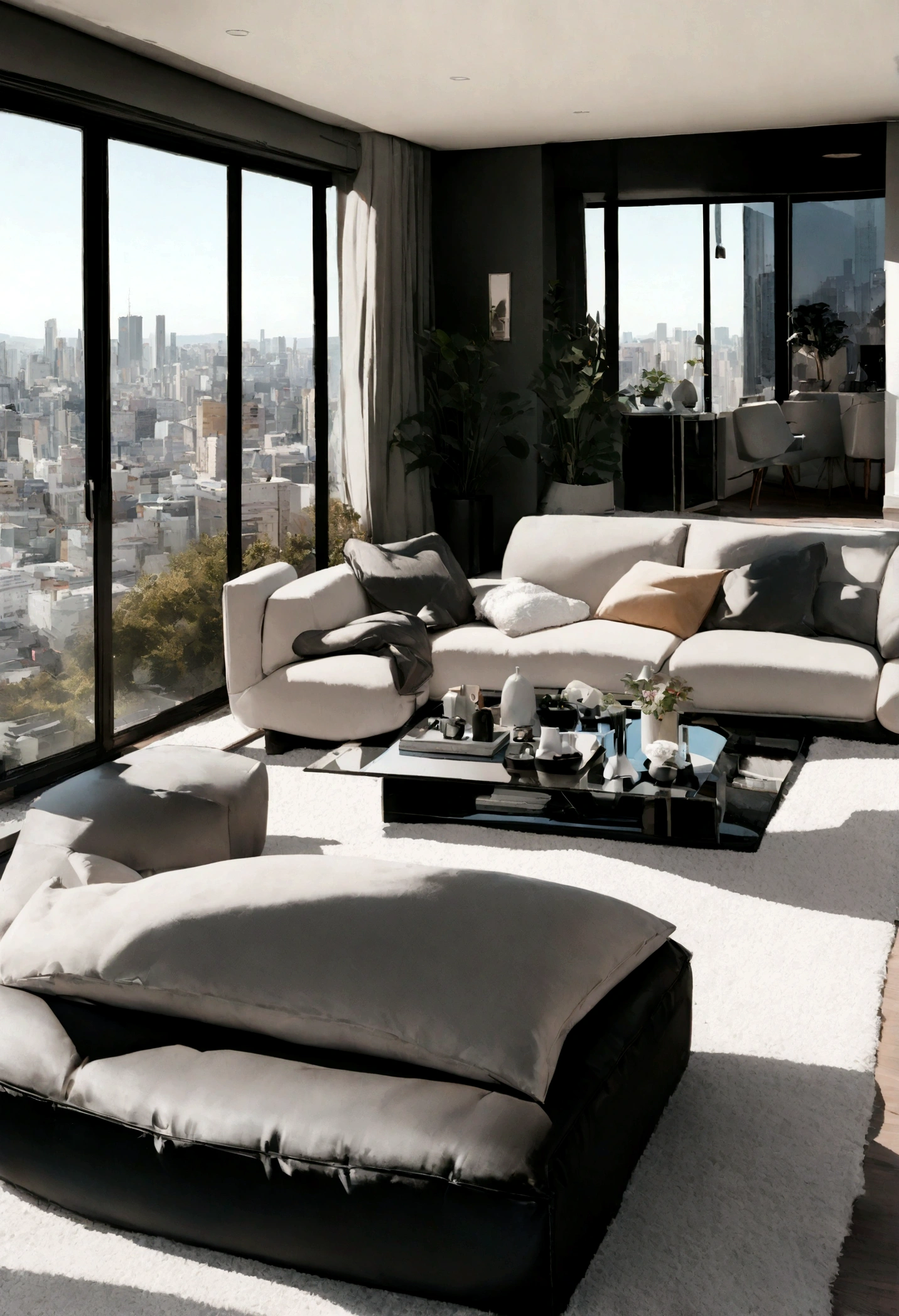 arafed view of a living room with a couch and a table, a matte painting by Austin English, pexels, happening, overlooking a modern city, modern living room, city apartment, ultra modern, fancy apartment, amazing view, great view, luxurious environment, expansive view, futuristic looking living room, cozy contemporary living room, living room vibe, conversation pit