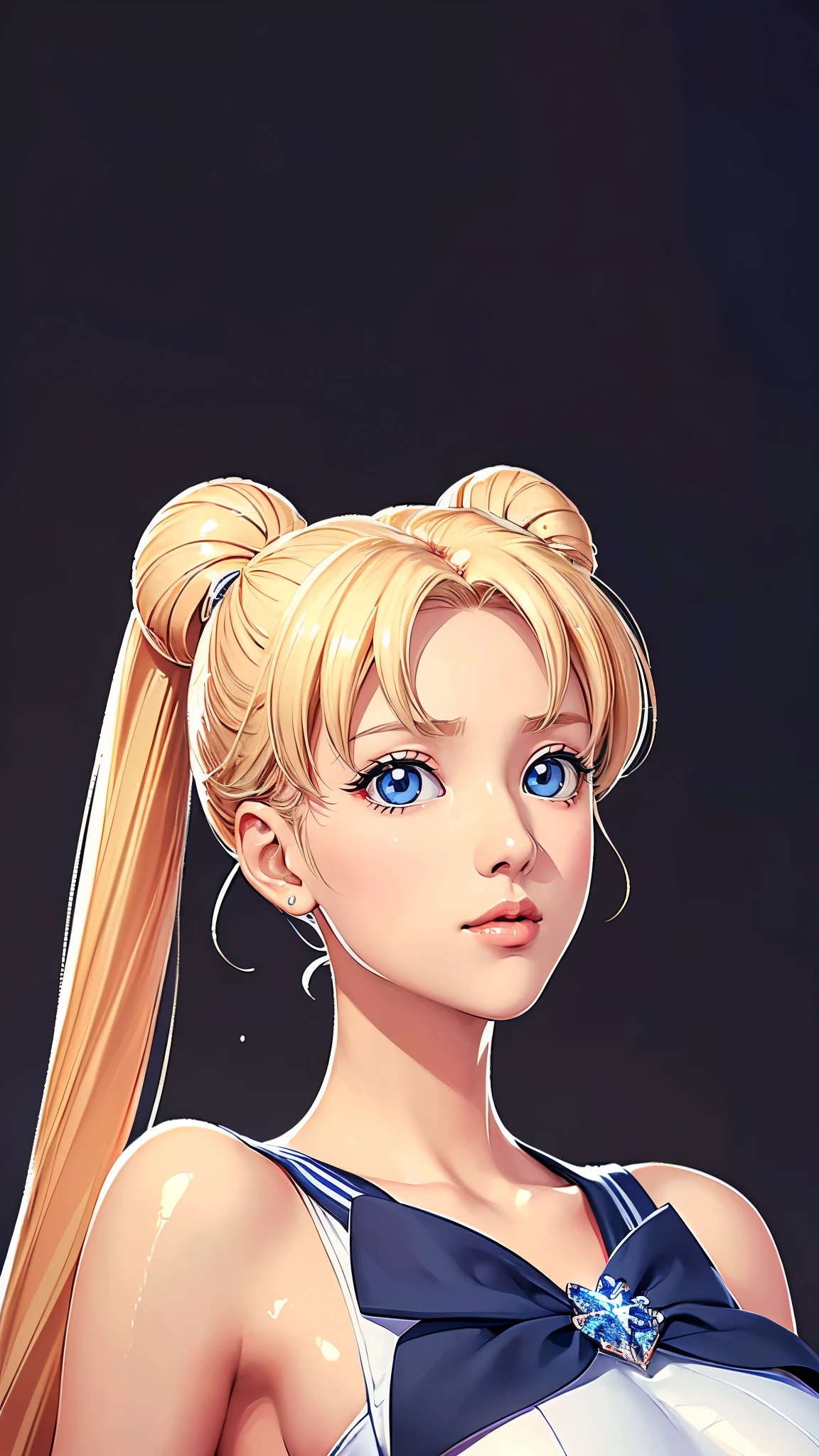 (((Perfect body,White and tender skin,(((Blue and white sailor suit, black high heels, and a bright red bow on the chest))),(((SMUsagiTsukino,Slender and soft golden hair, crystal clear and delicate skin, bright blue big eyes, thin cherry colored lips,,))),((masterpiece)),highres,((Best quality at best)),masterpiece,quality,Best quality,((( Exquisite facial features,Looking at the audience,There is light in the eyes,(((lol,happy)))))),(((Light and shadow,Huge breasts,))),(((Looking at the camera,black background,Close-up of face))))