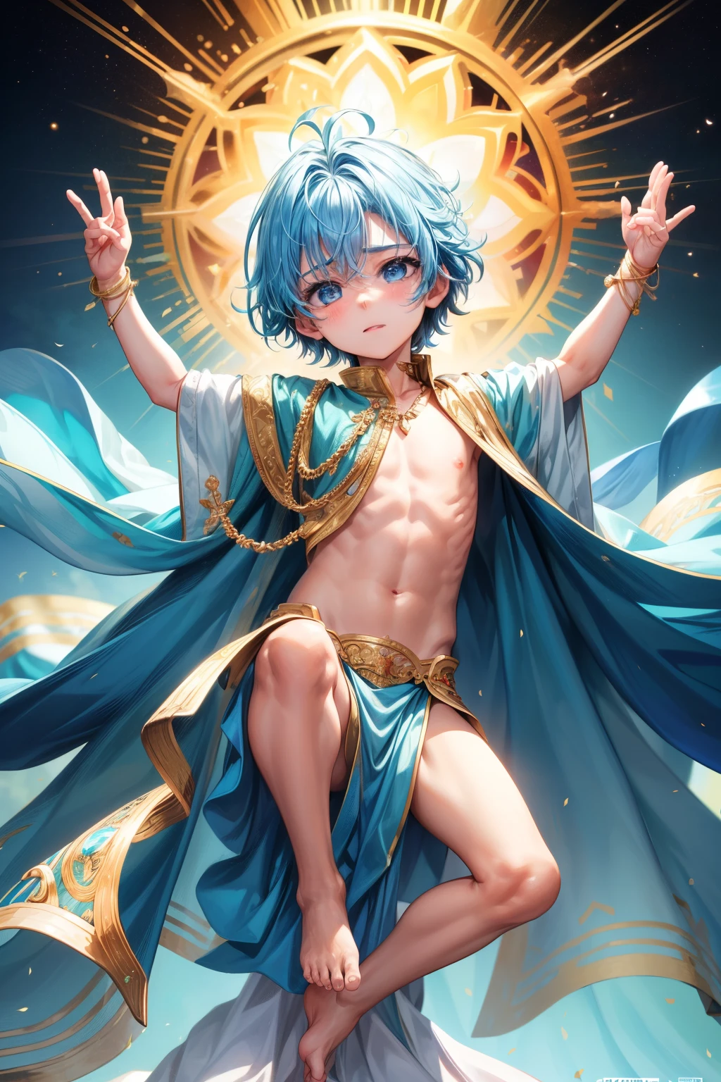 4k resolution, (Masterpiece:1), A small boy with vibrant, iridescent, cyan eyes and bare feet, arms raised in a triumphant pose, evoking an epic, cinematic feel. (Young:1.4), (Child:1.4), (Shota:1.4), (Male:1.4), (Boy:1.4), adorned in royal clothes fit for a king, evoking a sense of Royalty (1.4). The image focuses on his small, blushing feet, adding a touch of innocence and vulnerability to his epic posing. (Posing:1.4), (Cinematic:1