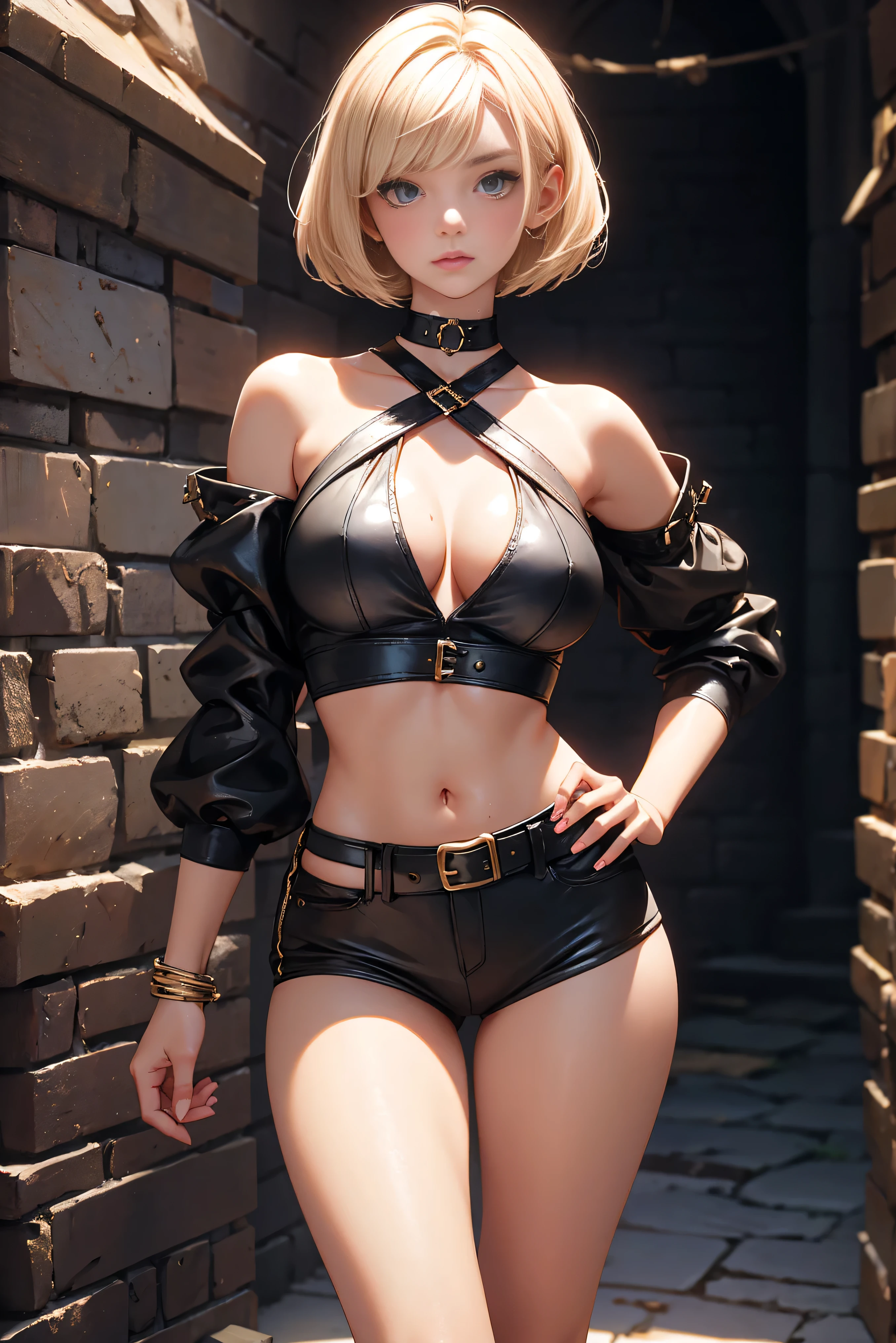 age girl 20 years old, model, blonde, bob hairstyle, bangs, summer makeup, manicure, tanned, girl dressed crop sleeved top and too very short mini shorts, bracelets, slave choker, belt, beautiful figure, very nice long legs, beautiful thigh line, thighs exposed, hands on hips, flirtatiously posing, hot summer, sweating, girl languishing in captivity in the dungeon of a castle with ghosts, recluse, captivity, slavery, slave girl, beautiful body, aesthetics, dungeon, top quality