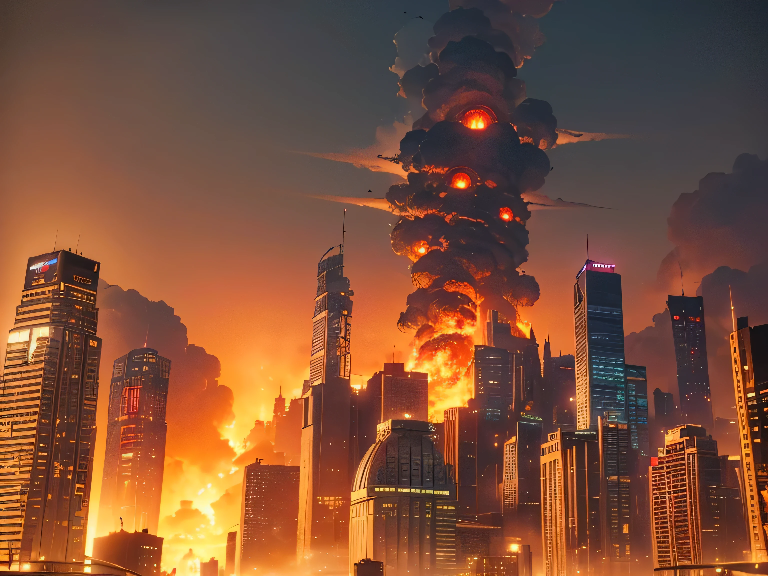a futuristic sci-fi cityscape, massive towering skyscrapers, advanced flying vehicles and airships in a dramatic sci-fi sky, highly detailed, photorealistic, (( from the sky view of the street)),((the entire city is covered by immense red flames, the tall building are covered by flames)),((extremely detailed red-blood eyeball looking at the city)), 8k, ultra-detailed, intricate architecture, atmospheric lighting, vibrant colors, cinematic composition