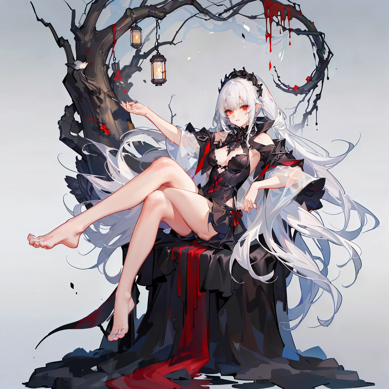 girl，Solitary，masterpiece，best quality，white hair，Red Eyes，Black，dark，shadow，douchebag，Overlooking，黑色的shadow，Black viscous liquid，gloomy，Dark，stable，barefoot，Beautiful legs and feet，Black slime，cloak，Tentacles，girl，masterpiece, best quality, best quality,amazing,美丽的Red Eyes,fine details,Depth of Field,Extremely detailed CG 8k wallpaper, masterpiece,((( white hair))),leader,(Dark mist),{Flowing hair}，{Character Close-up},(((whole body)))，Smooth face、Perfect details,