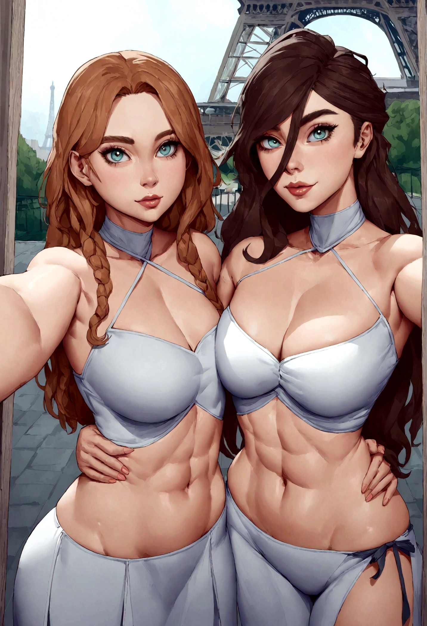 mujer islandesa con ropa bohemia, chica con ojos marrones, Retrato de Sophie Mudd, long brown hair and big eyes, selfie de una mujer joven, ojos dormitorio, violeta myers, sin maquillaje, maquillaje natural, looking directly at the camera, cara con artgrama, maquillaje sutil, impresionante foto de cuerpo completo, frente a la Torre Eiffel, Es elegante, gran escote, (pecho grande), toned stomach, big butt through dress, SFW