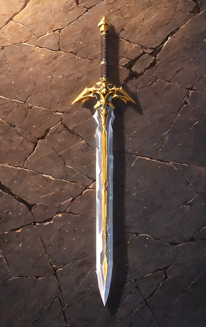 masterpiece, best quality, epic fantasy art style, simple stone sword for card game (blade and hilt is made of stone and dirt), full art, full sword art, ultra high resolution, sharp focus, HD, 8k, clear details, zoom out to get the full sword in the image, simple background, show full sword, sword centered on image to allow ample background to show