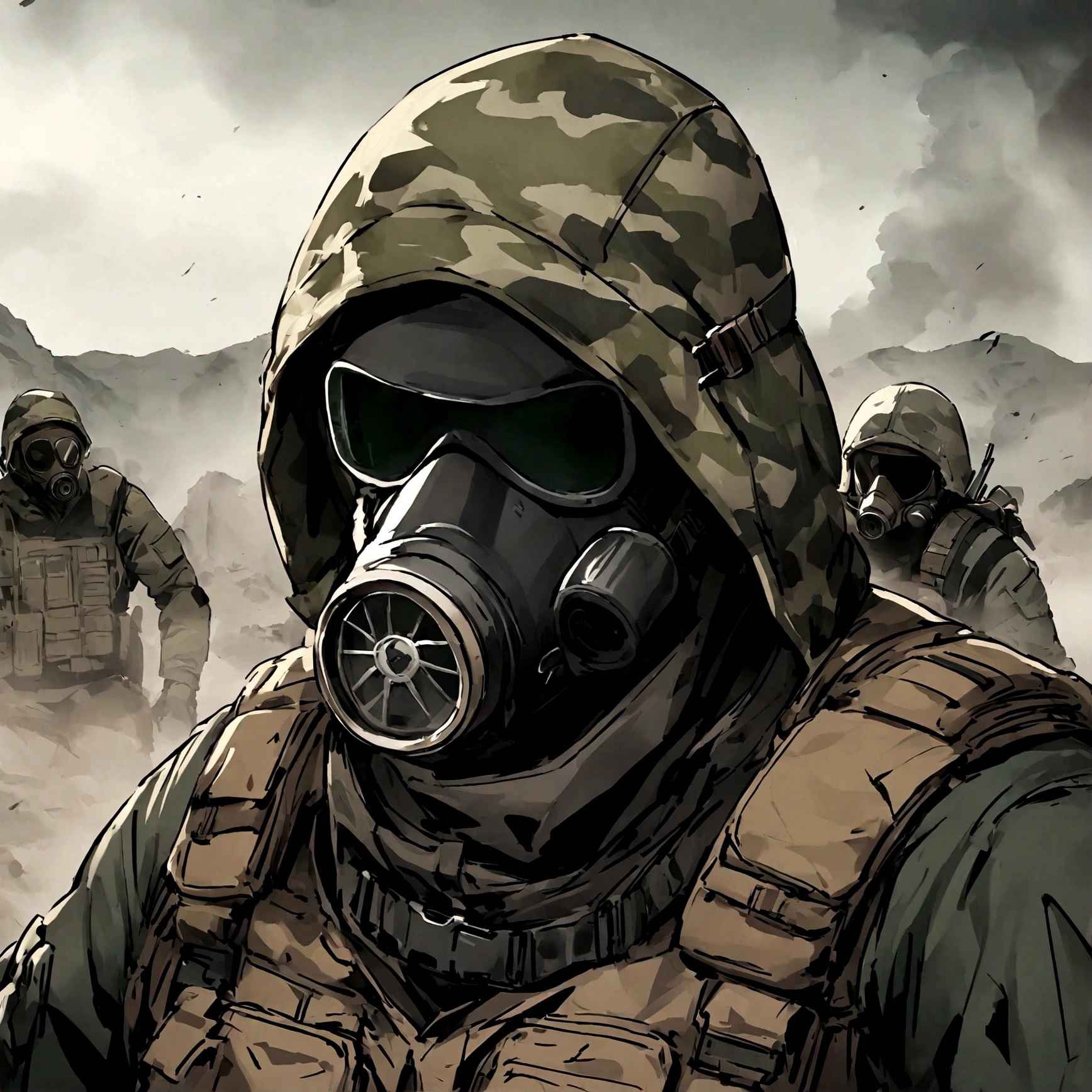 Male soldier, S.T.A.L.K.E.R style, Male, post apocalyptic. camouflage parka, hood on, white gas-mask with cheek filter, tactical vest, Rugged jeans, tactical soldier, Mercenary, post apocalyptic, hidden face, soldier, Gorka 3 parka, Portrait, upperbody, male soldier, gas-mask