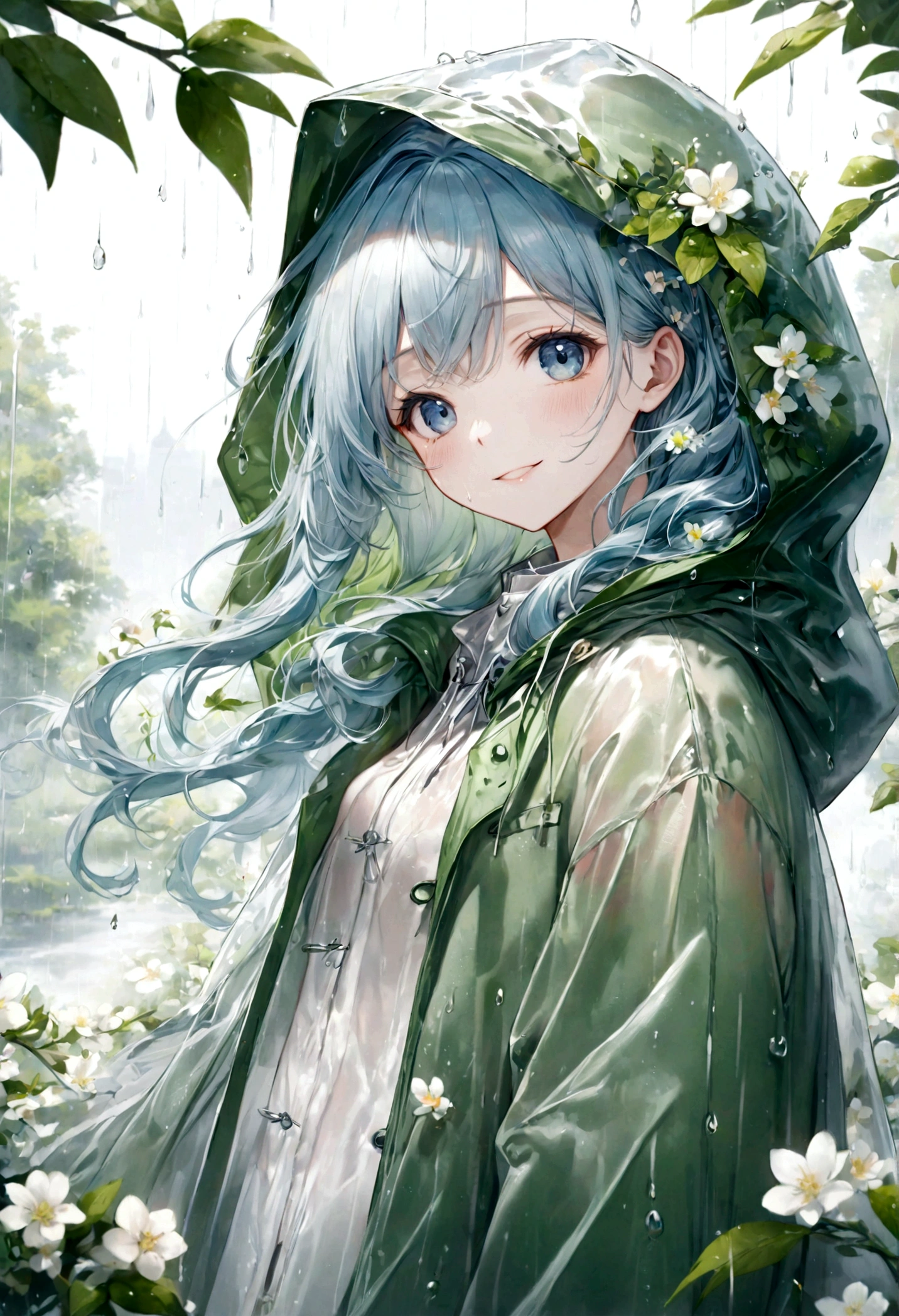 ((top-quality)), ((masterpiece)), ((ultra-detailliert)), (extremely delicate and beautiful), beautiful woman, bright light blue hair, long wavy hair, sapphire blue eyes, wearing a spring green raincoat, raincoat has a hood, raincoat hood is translucent, raincoat hood has embedded leaves, raincoat hood has embedded delicate white flowers, raincoat is sheer, hair is within the hood, graceful smile, sweet smile, relaxed expression, fair complexion, rainy spring background