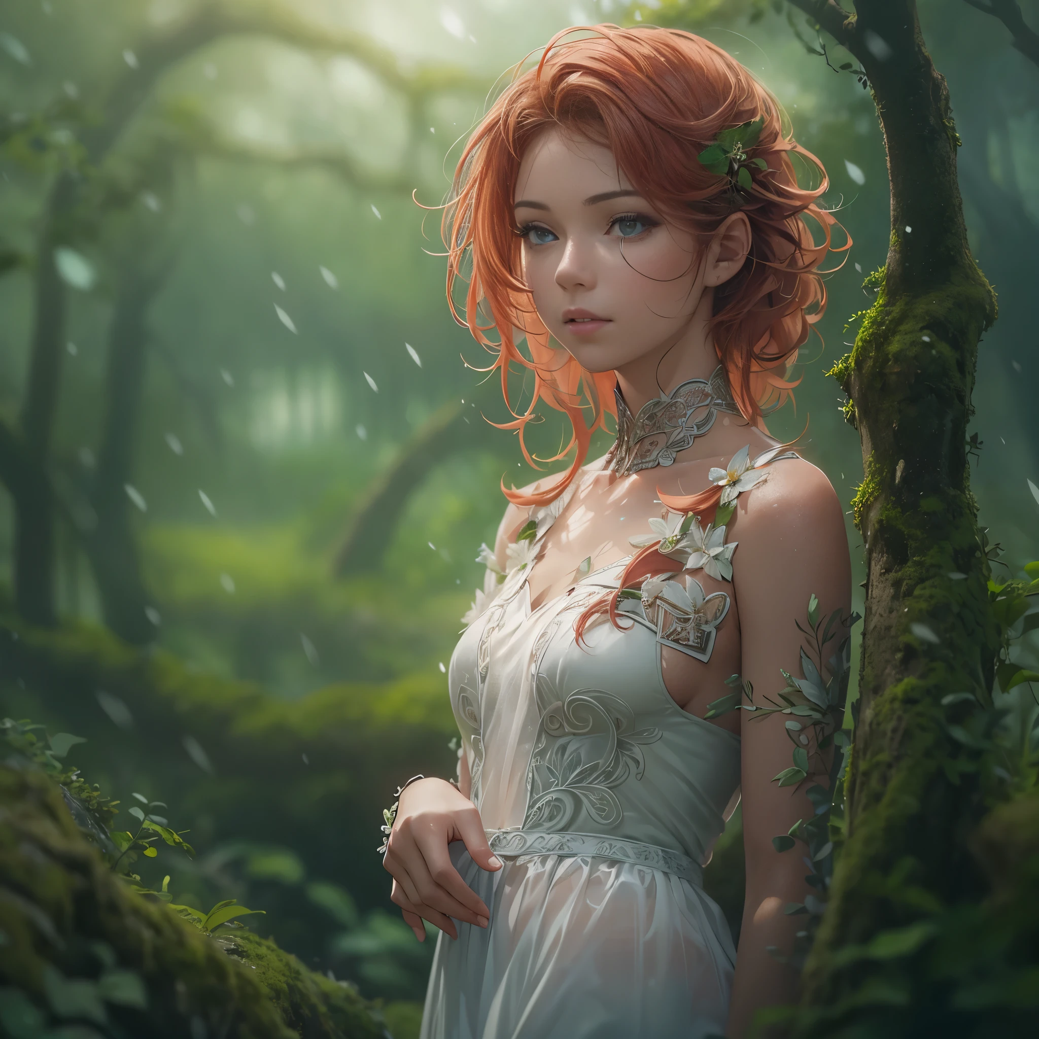 Cute woman in the drizzle, (elegant, Beautiful Face), Transparent white dress, Forest Moss, (freckles:0.8), Flower Field, , Curly Red Hair, Magical atmosphere, (short hair), ((Detailed skin, Skin Texture)), Ultra-detailed, (Exquisitely crafted, Fine details, Ultra-detailed), Ray Tracing, Scattered beneath the surface, (Fantasy underworld in the background), Diffused and soft lighting, Shallow depth of field, by (by Oliver Wetter), Sharp focus blur, (Realistic photo quality:1.4)