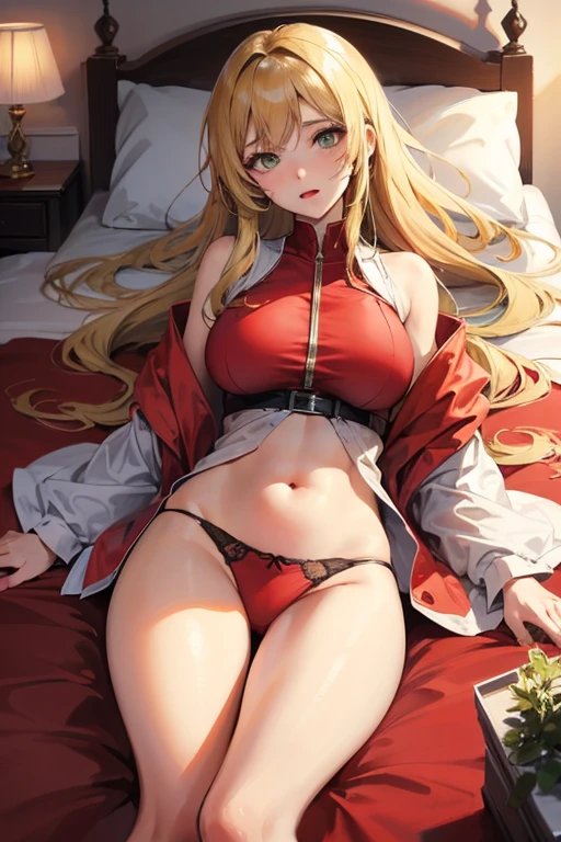 creates a 26 year old anime girl lying face down on a bed with wide hips and big breasts blonde hair and green eyes wearing red underwear in a luxurious room landscape